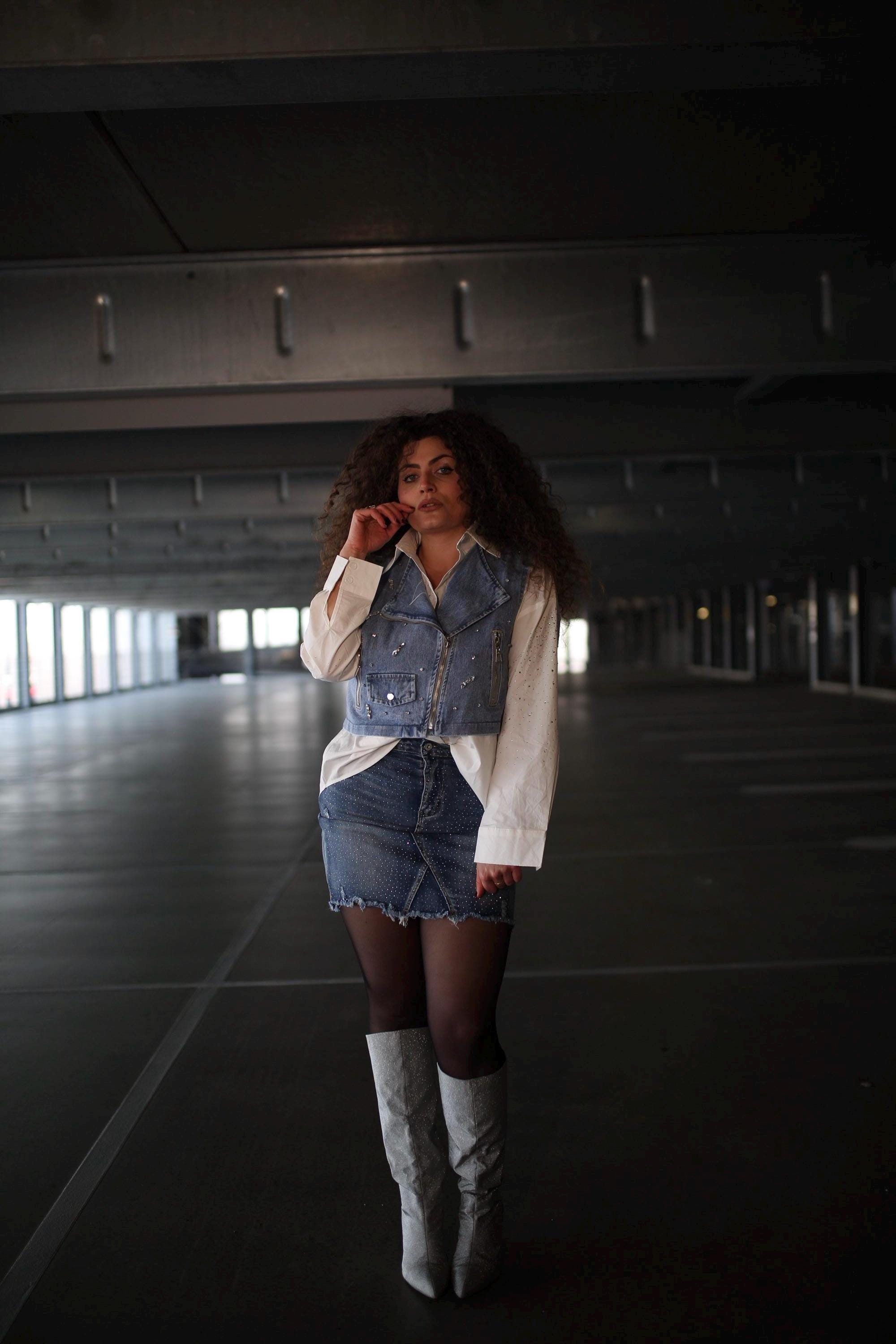 Studded Denim Gilet – Rock Chic Sleeveless Vest with Silver Grommets & Details