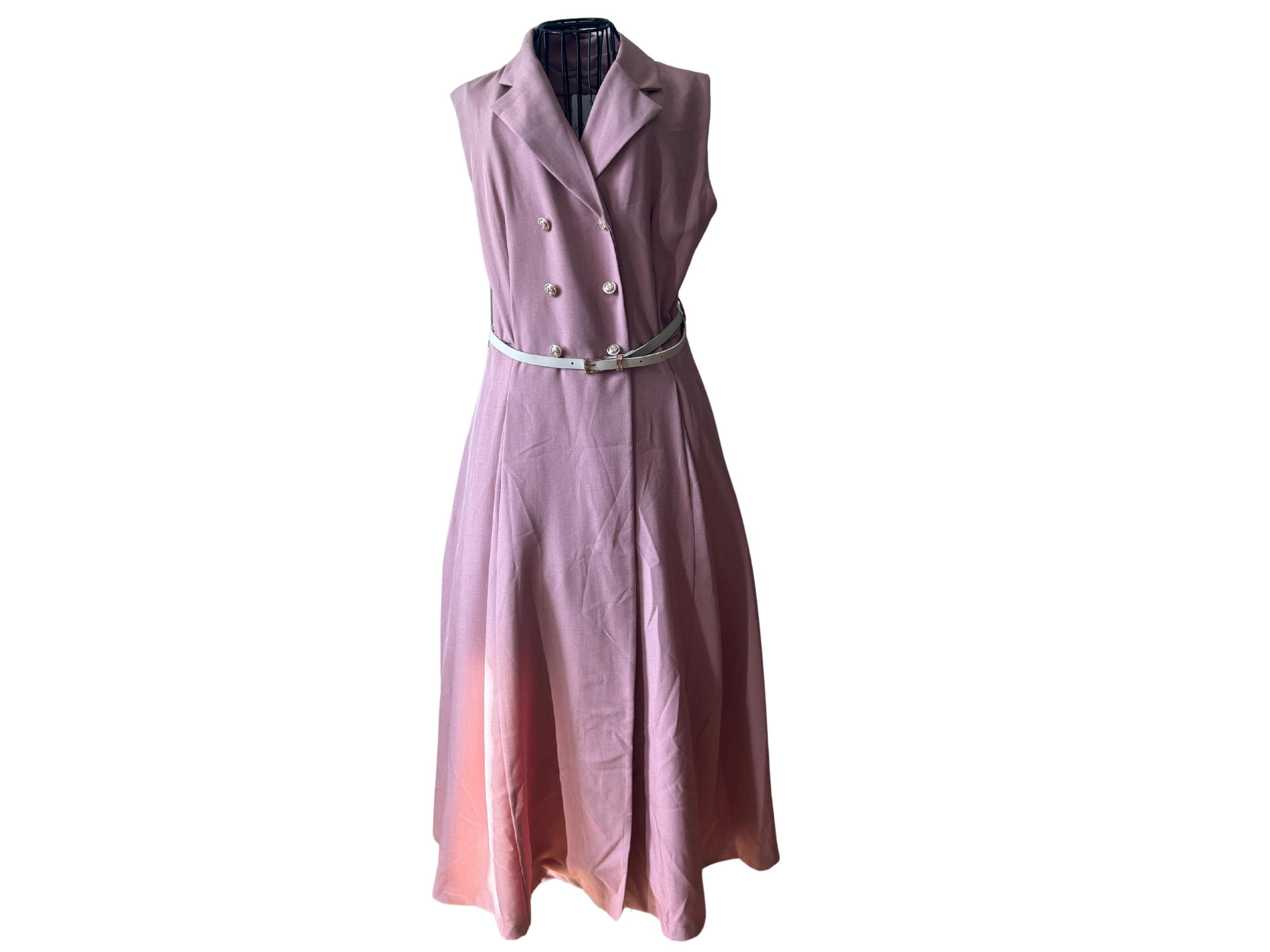 Vintage-Inspired Sleeveless Dress with Gold Buttons & Belt – One Size