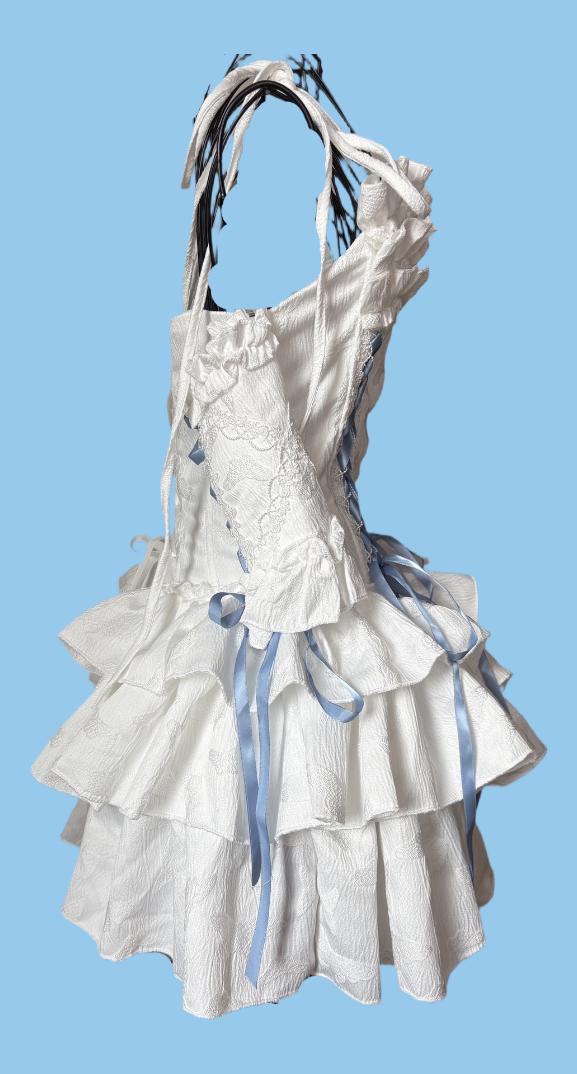 Vintage-Style Corset Dress: Ruffle Details, Blue Ribbon Lacing