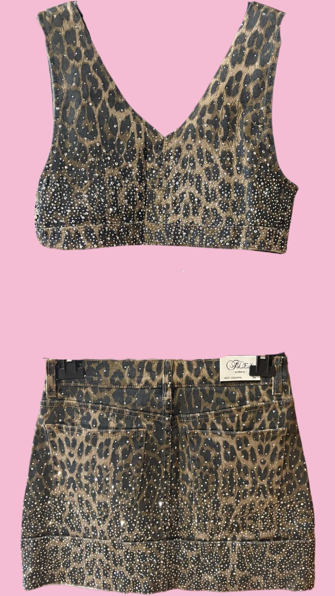 Leopard Print Denim Co-ord Set: Strass Rhinestone Crop Top & Mini Skirt