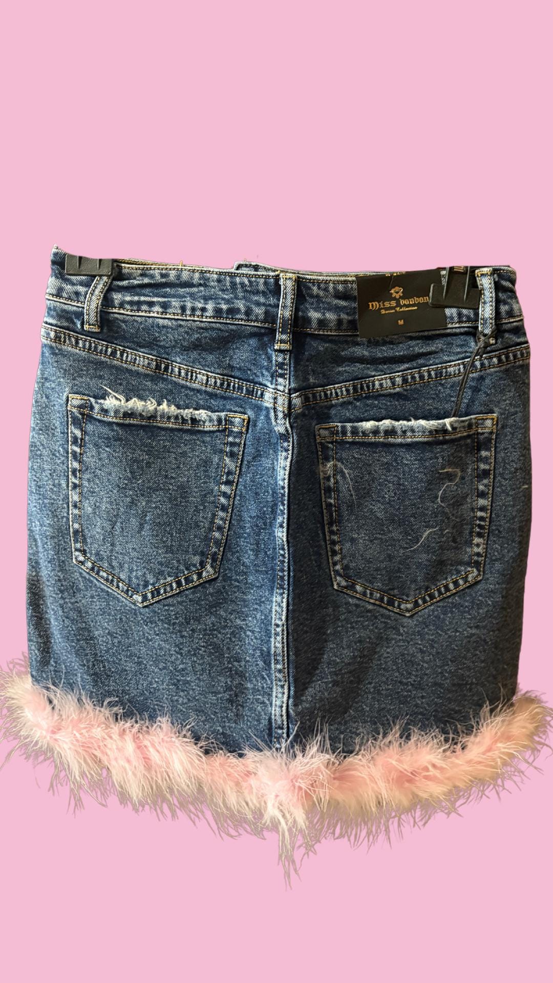 Y2K Denim Co-ord Set: Pink Faux Fur Trim, Rhinestone Crop Top & Mini Skirt