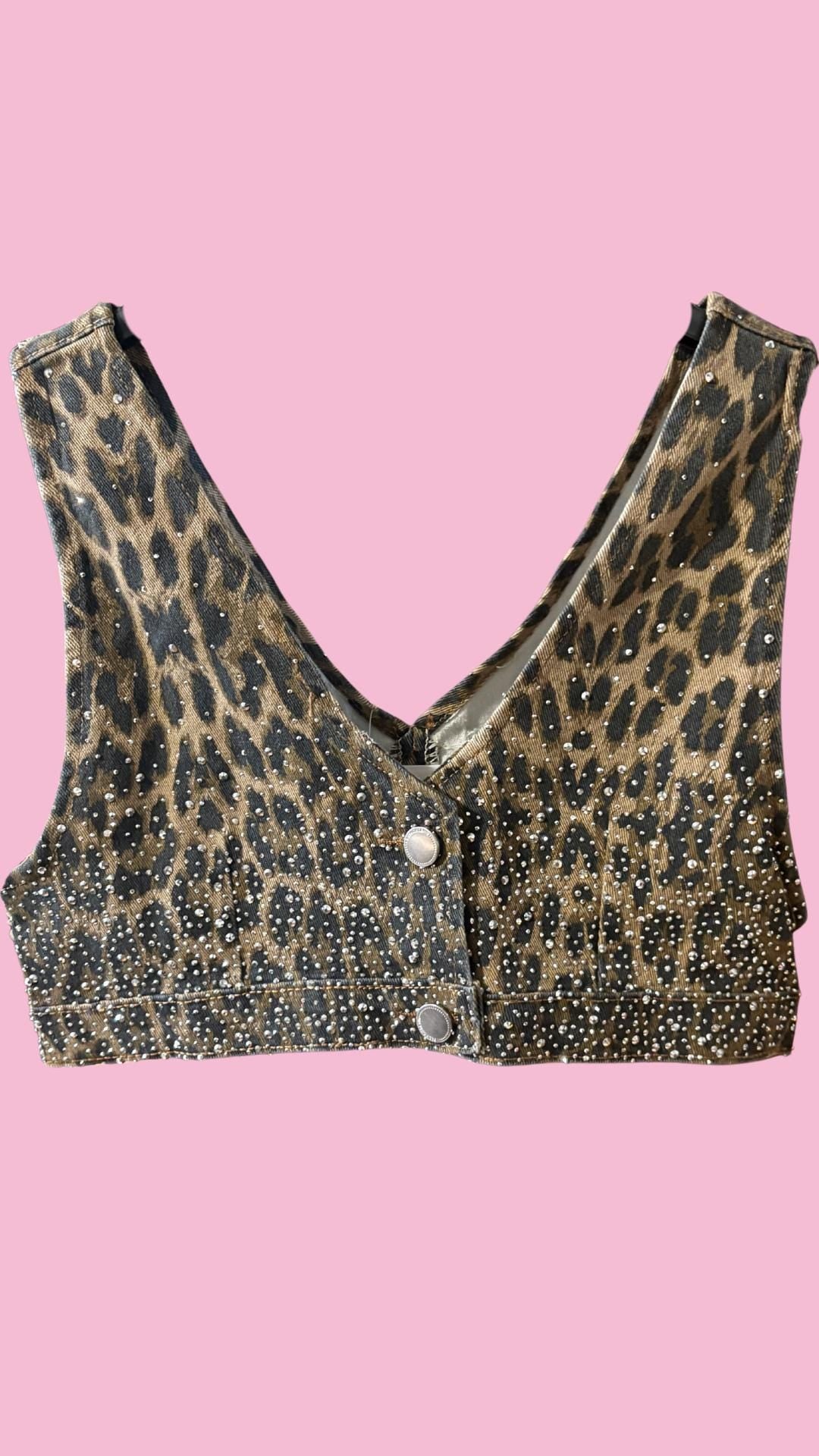 Leopard Print Denim Co-ord Set: Strass Rhinestone Crop Top & Mini Skirt