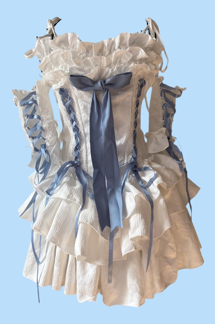 Vintage-Style Corset Dress: Ruffle Details, Blue Ribbon Lacing