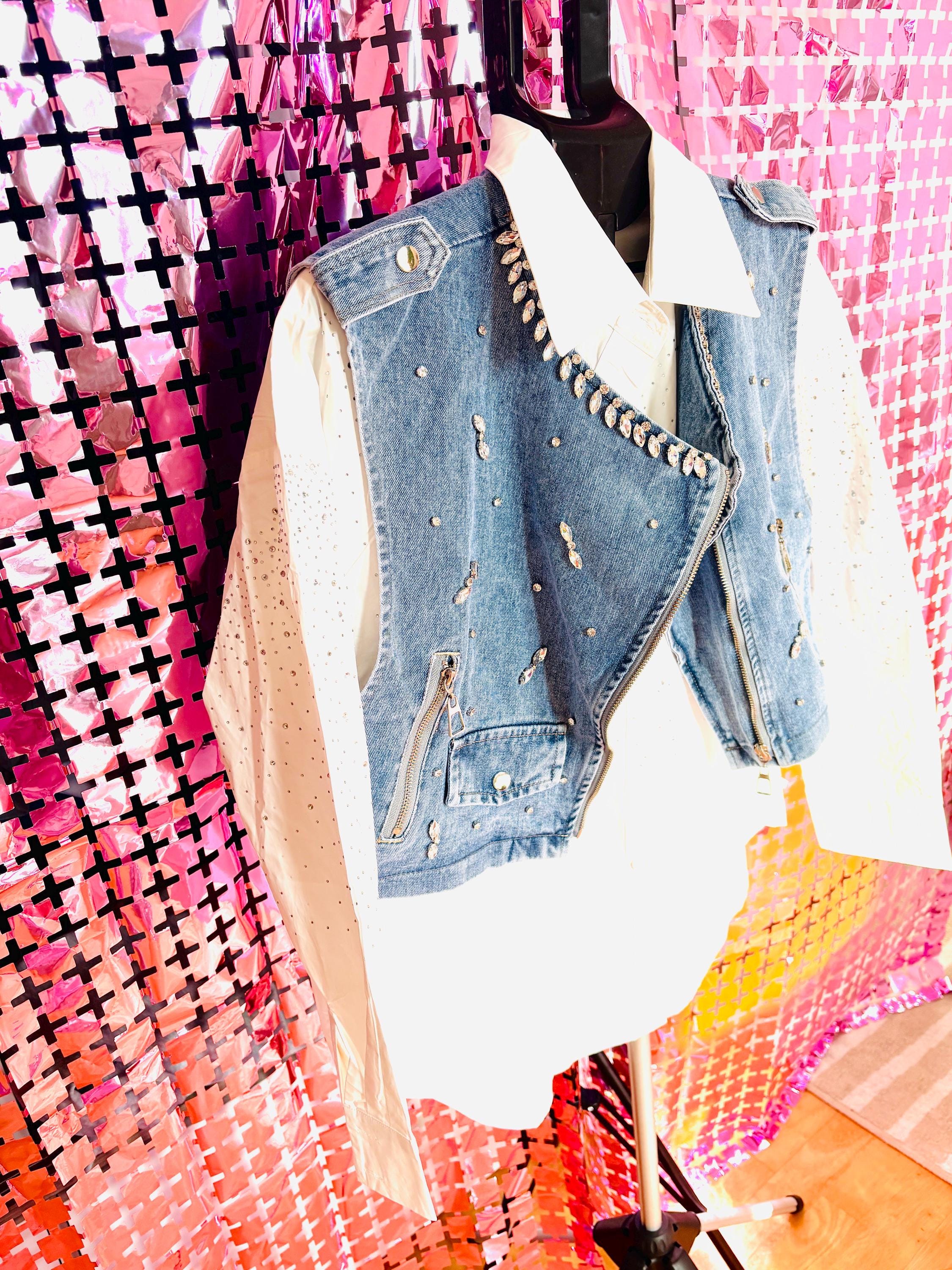 Studded Denim Gilet – Rock Chic Sleeveless Vest with Silver Grommets & Details