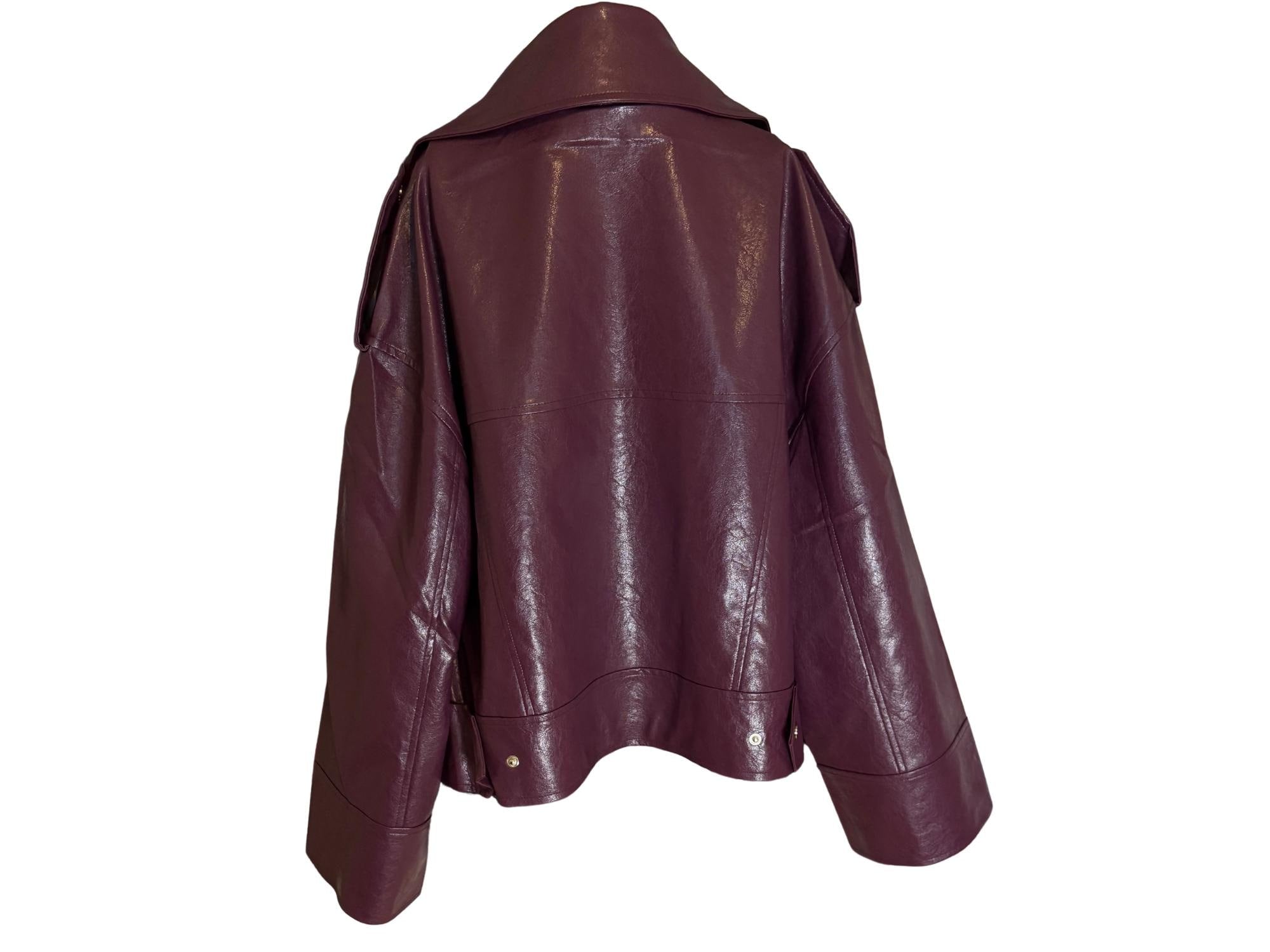 Oversized Faux Leather Biker Jacket – Violet with Silver Details