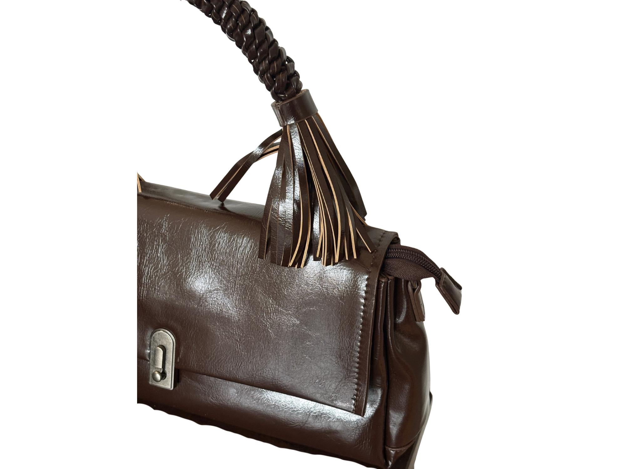 Faux Leather Handbag with Braided Handle & Crossbody Strap