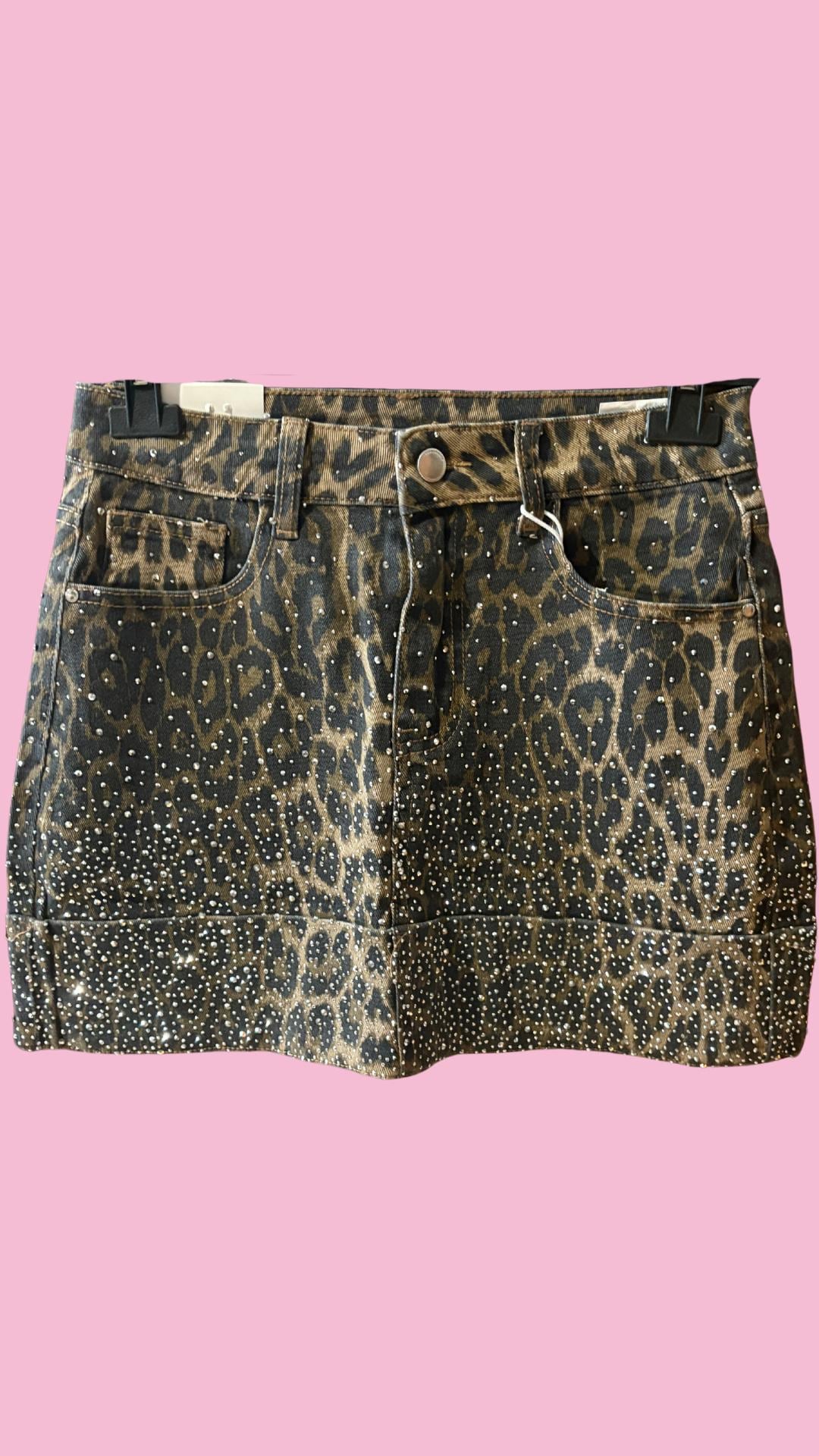 Leopard Print Denim Co-ord Set: Strass Rhinestone Crop Top & Mini Skirt