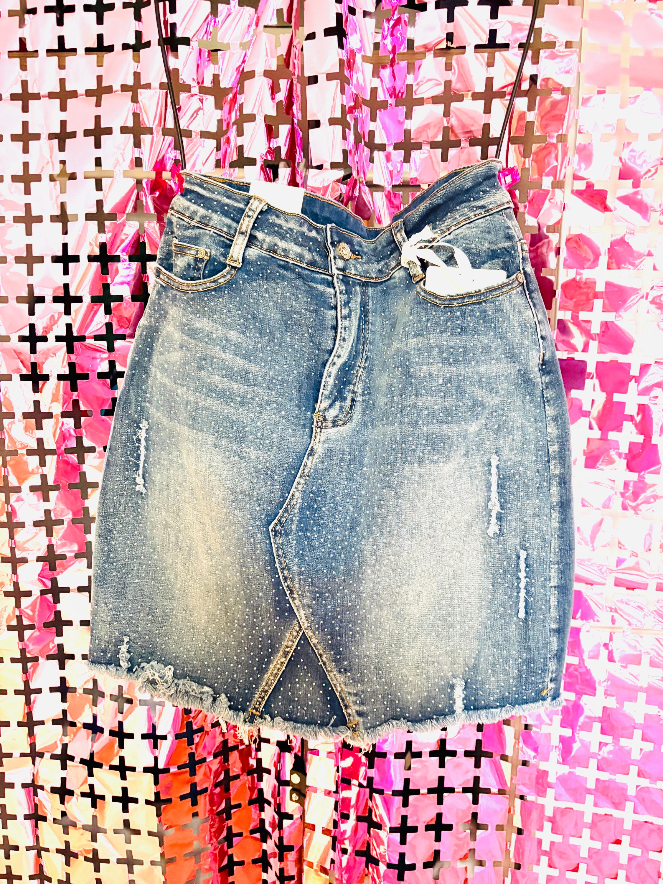 Rhinestone Denim Skirt – Sparkling Distressed Style with Fringe Hem