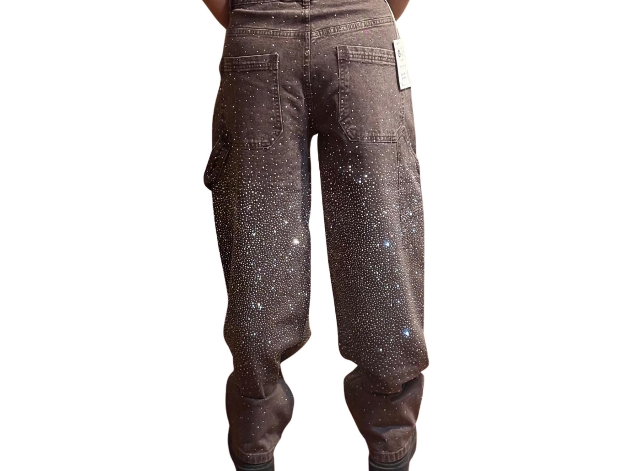 Rhinestone Loose Harem Jeans -Sparkle Denim- Burned Coffee Baloon Denim