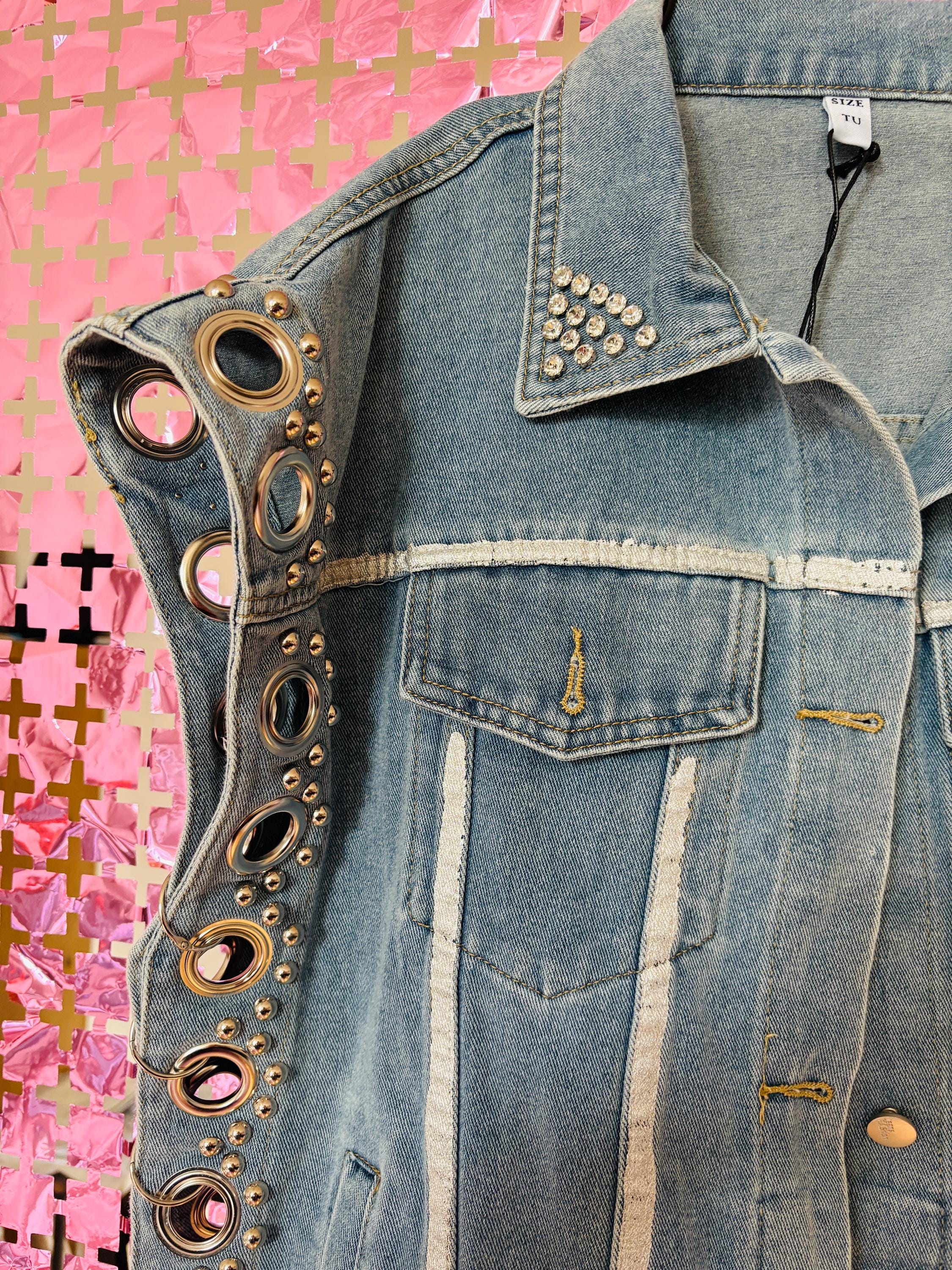 Studded Denim Gilet – Rock Chic Sleeveless Vest with Silver Grommets & Details