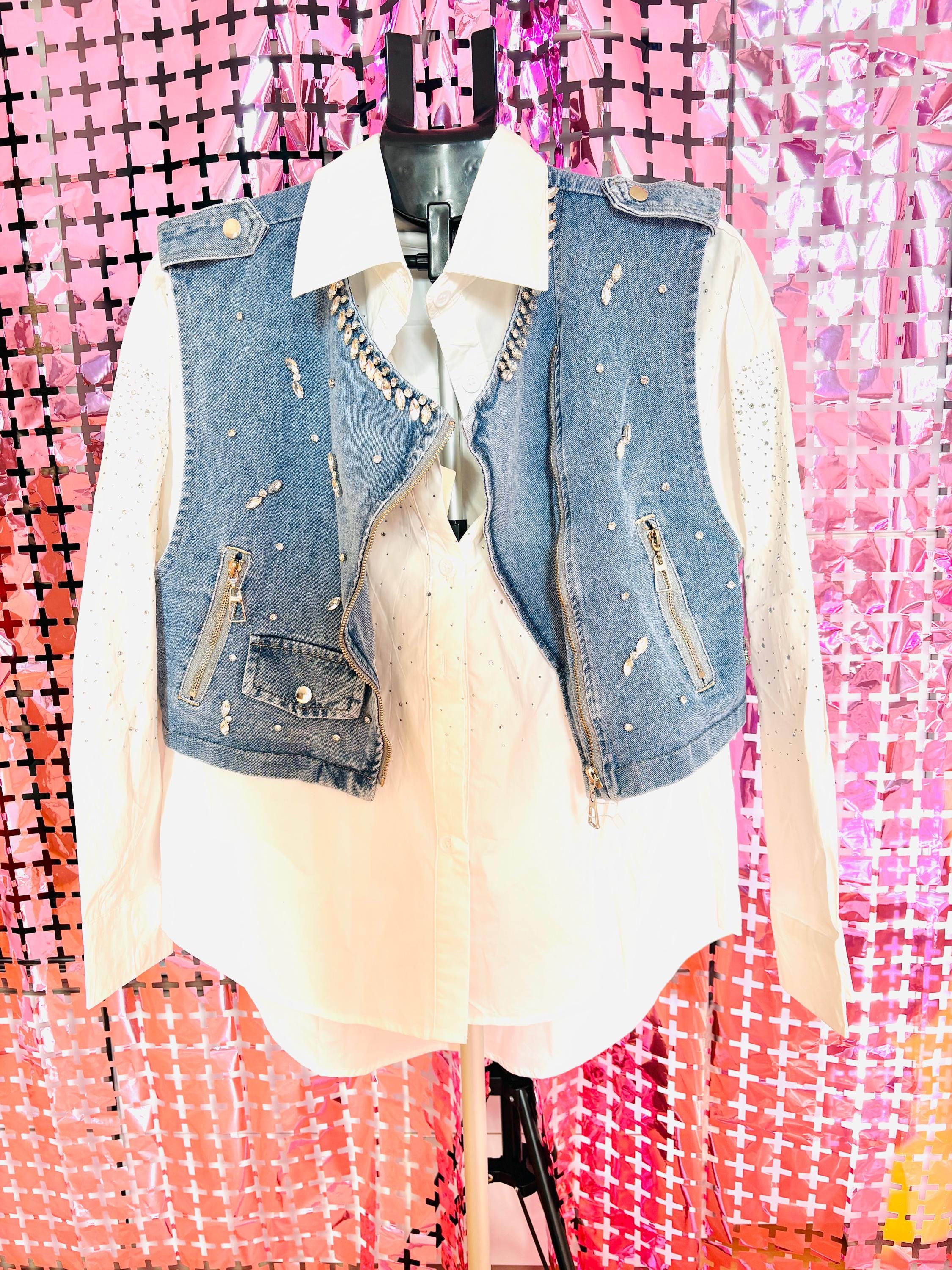 Studded Denim Gilet – Rock Chic Sleeveless Vest with Silver Grommets & Details