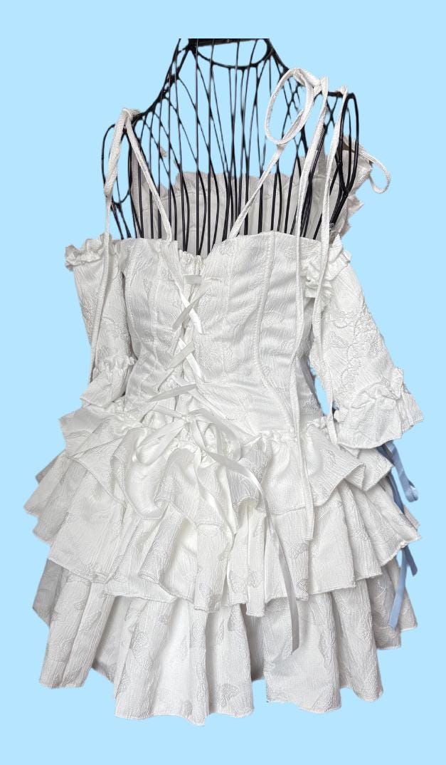 Vintage-Style Corset Dress: Ruffle Details, Blue Ribbon Lacing