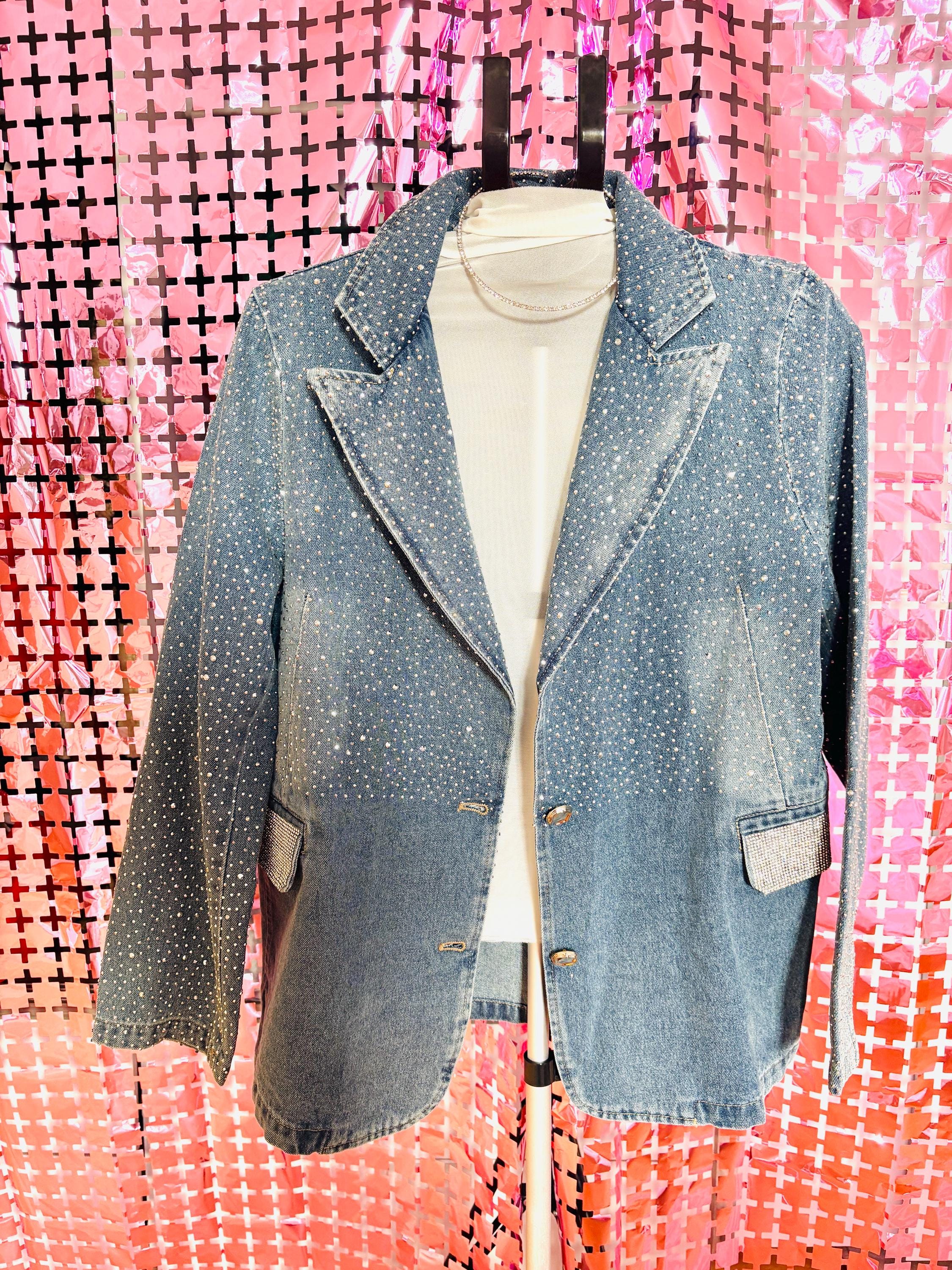 Oversized Rhinestone Denim Jacket – One Size Fits All | Statement Sparkle