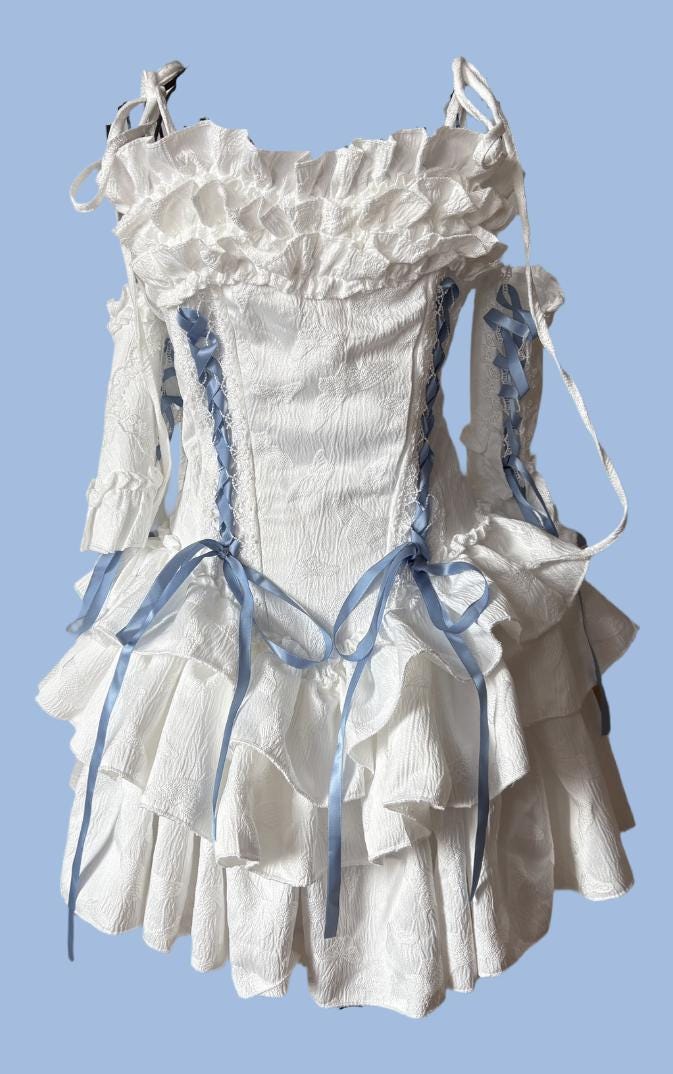 Vintage-Style Corset Dress: Ruffle Details, Blue Ribbon Lacing