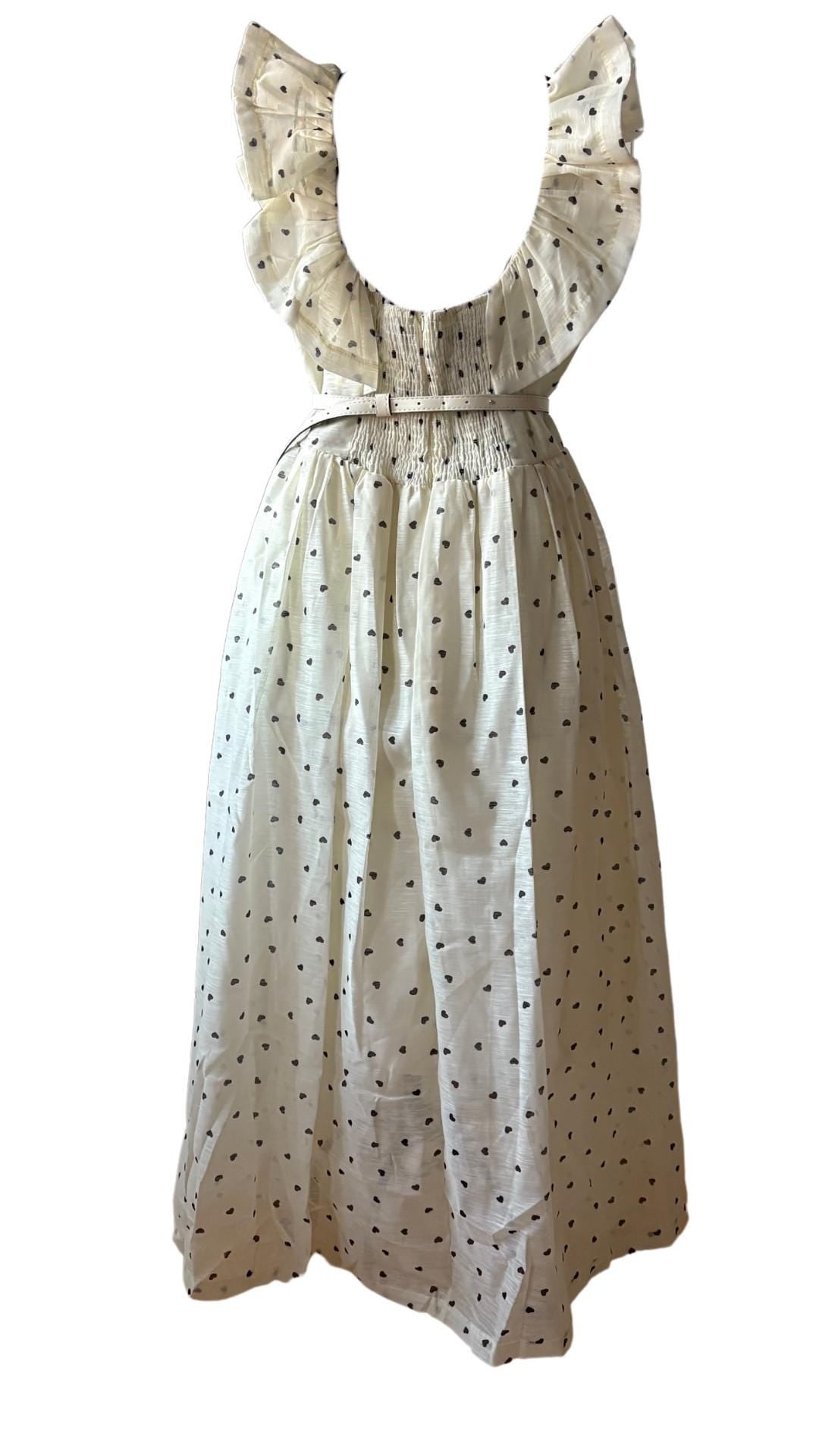 Ruffle Long Dress: Light Yellow Black Hearts, Belted - Fits EU 44