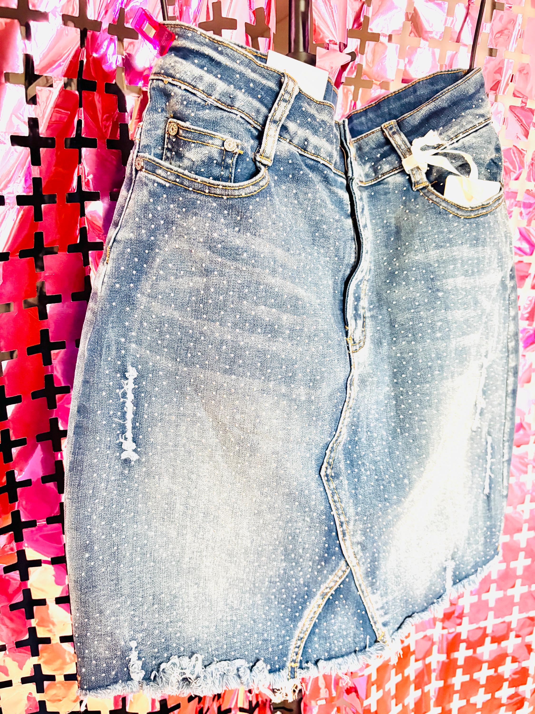 Rhinestone Denim Skirt – Sparkling Distressed Style with Fringe Hem