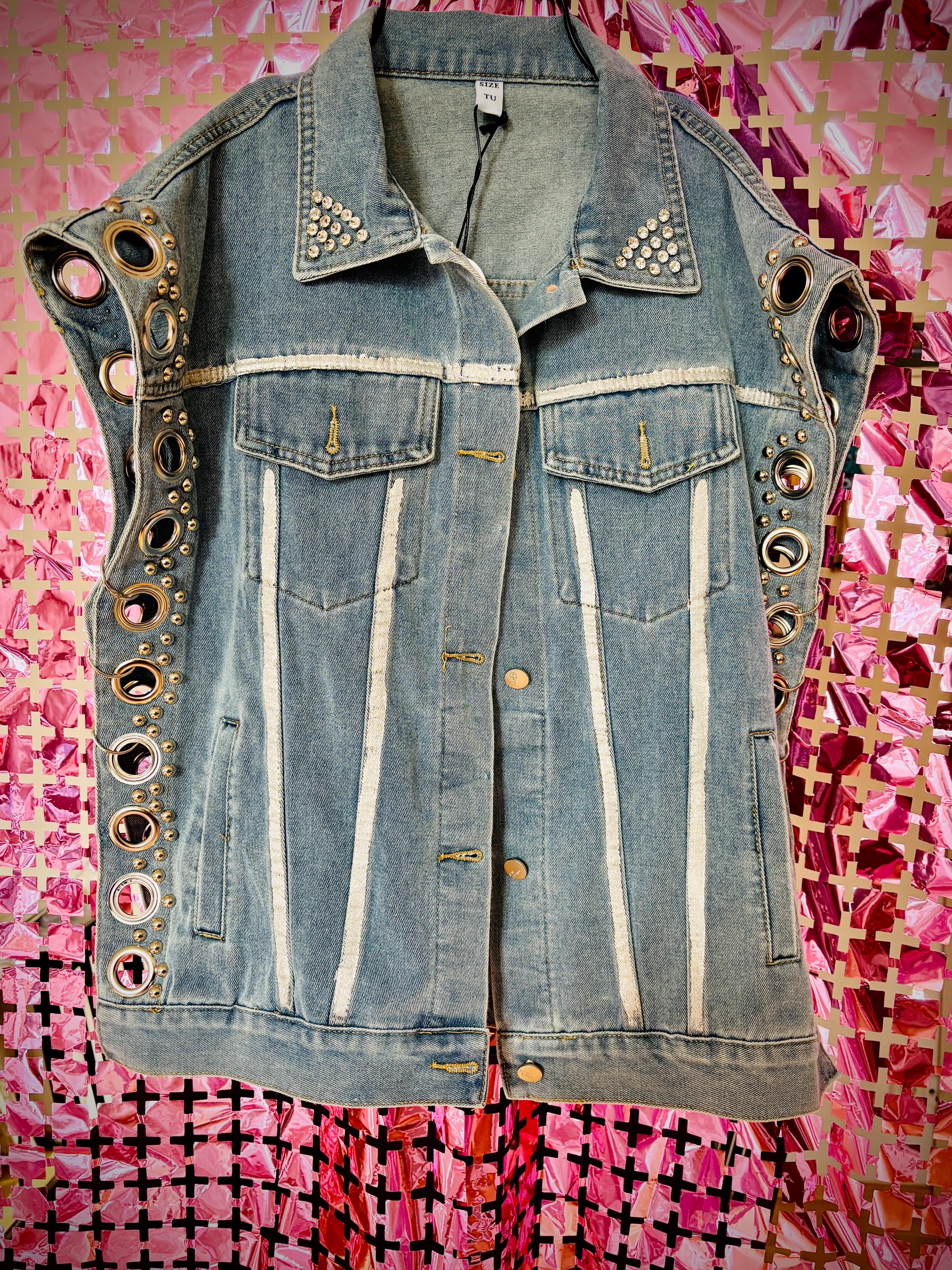 Studded Denim Gilet – Rock Chic Sleeveless Vest with Silver Grommets & Details