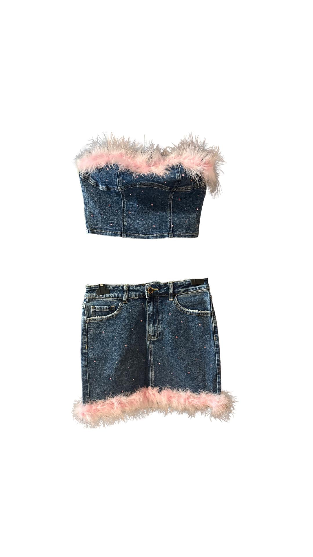 Y2K Denim Co-ord Set: Pink Faux Fur Trim, Rhinestone Crop Top & Mini Skirt