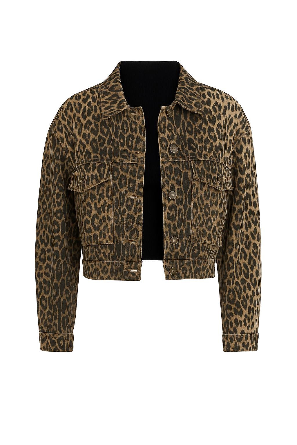 Cropped Leopard Print Jacket – Animal Print Denim Style – XS to XL