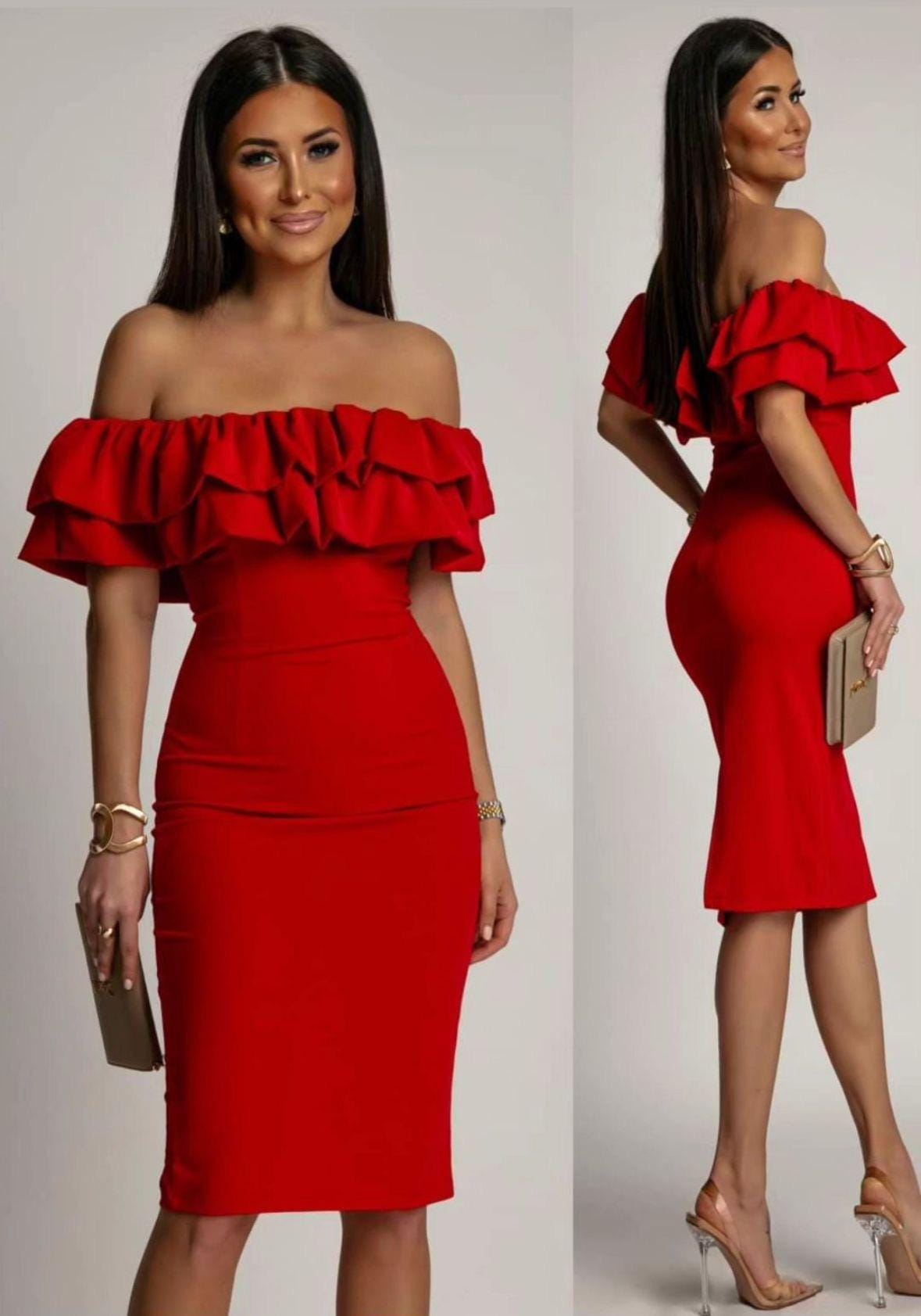 Off-Shoulder Pink Ruffle Dress: Elegant Occasion Wear (Fits EU 42)