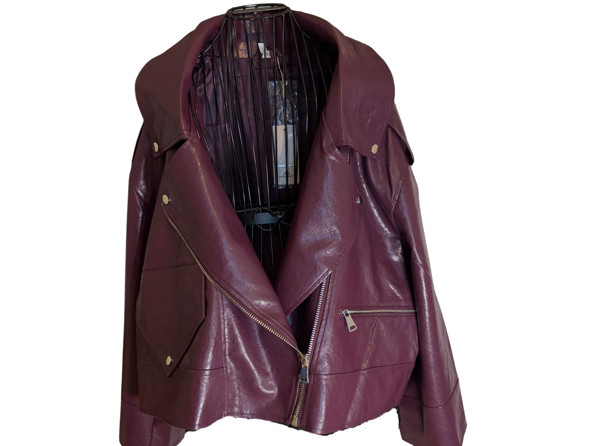 Oversized Faux Leather Biker Jacket – Violet with Silver Details