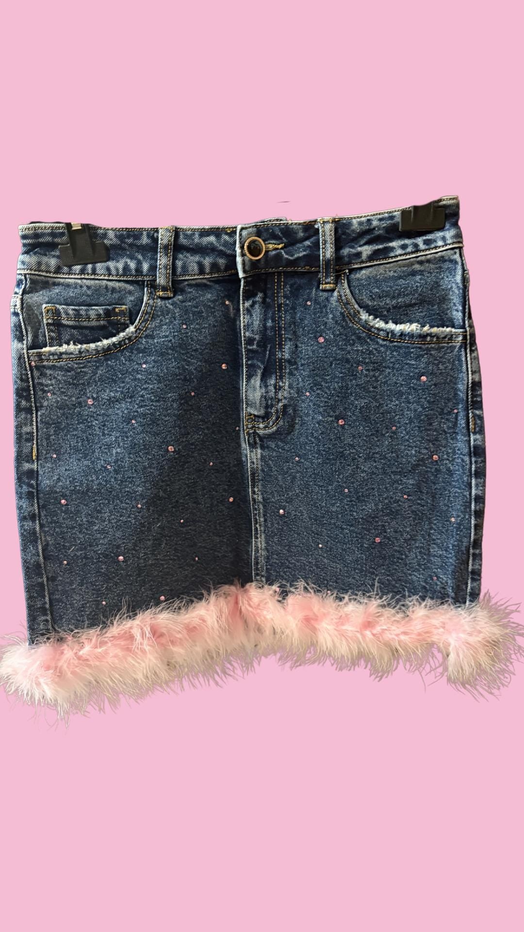 Y2K Denim Co-ord Set: Pink Faux Fur Trim, Rhinestone Crop Top & Mini Skirt
