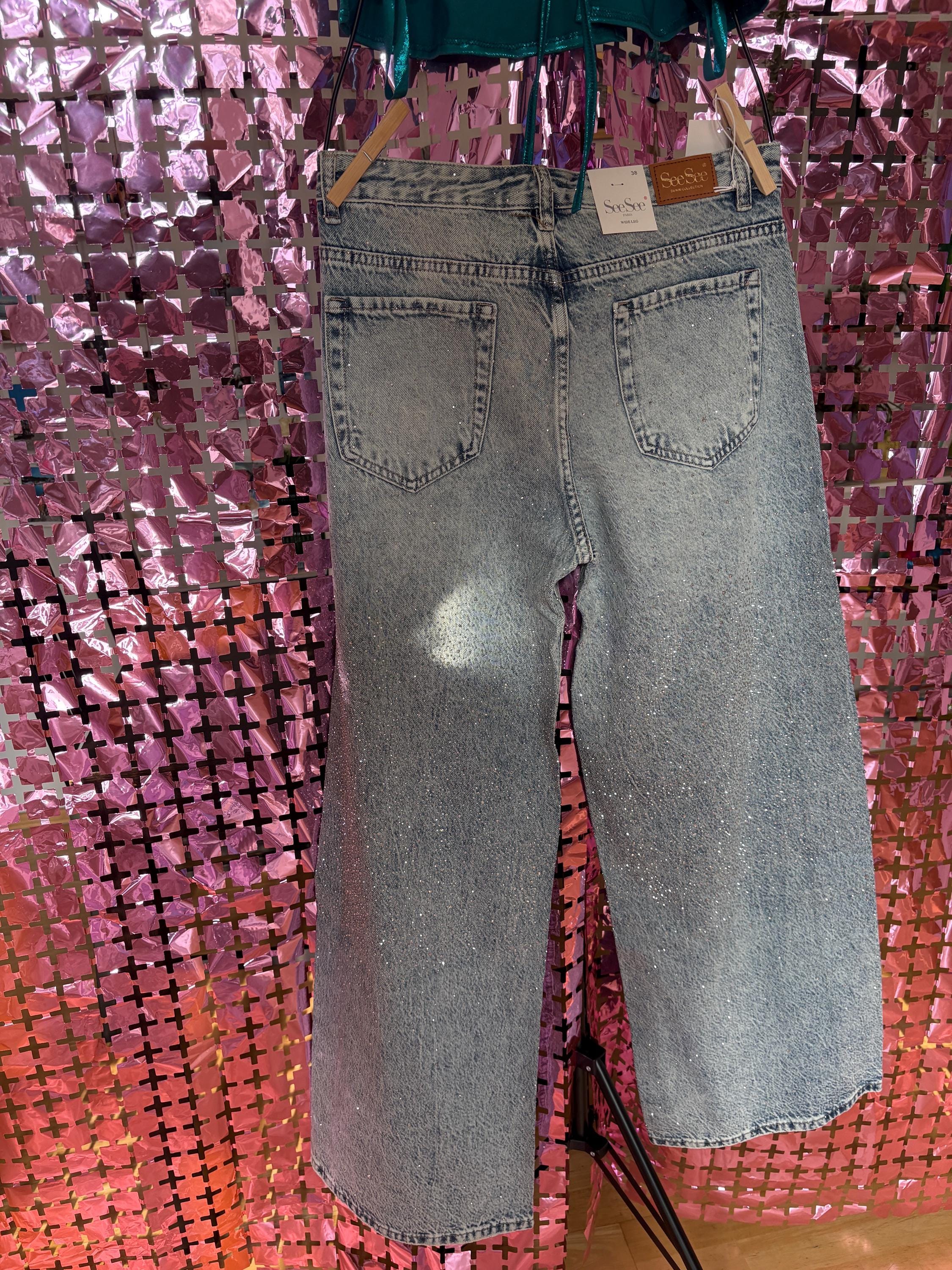 Light Blue Wide-Leg Denim with Strass – Sparkling Mid-Waist Jeans for a Statement Look