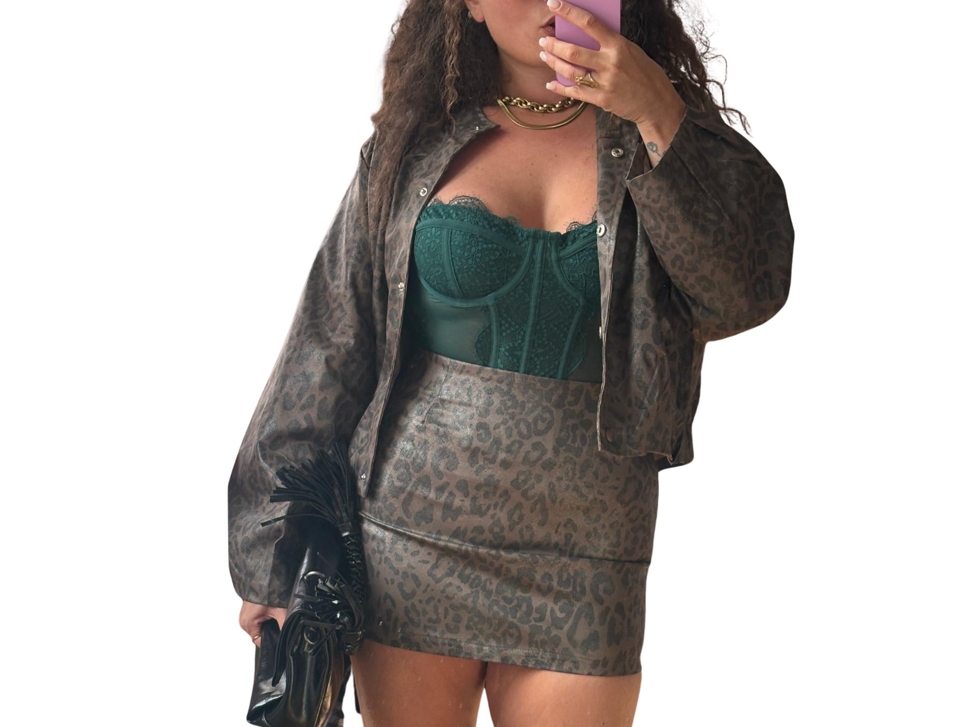 Faux Leather Leopard Print Mini Skirt – Khaki