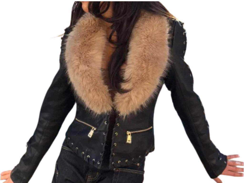 Faux Leather Jacket with Faux Fur Collar – Available in Black or Brown, Sizes S–L