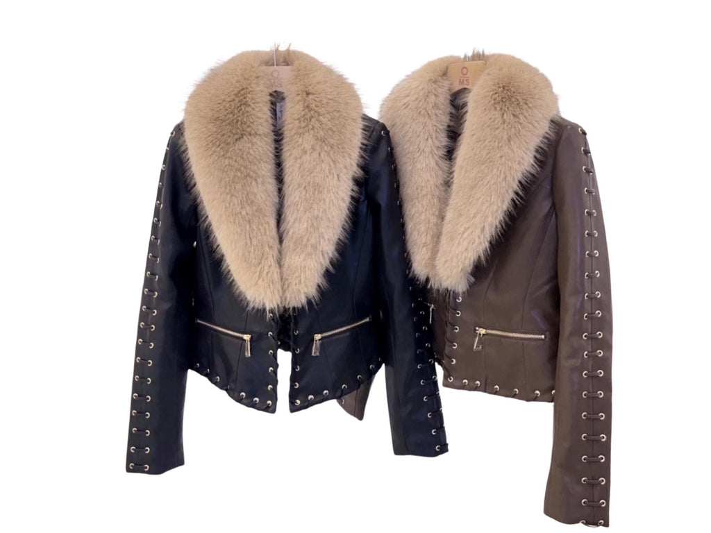 Faux Leather Jacket with Faux Fur Collar – Available in Black or Brown, Sizes S–L