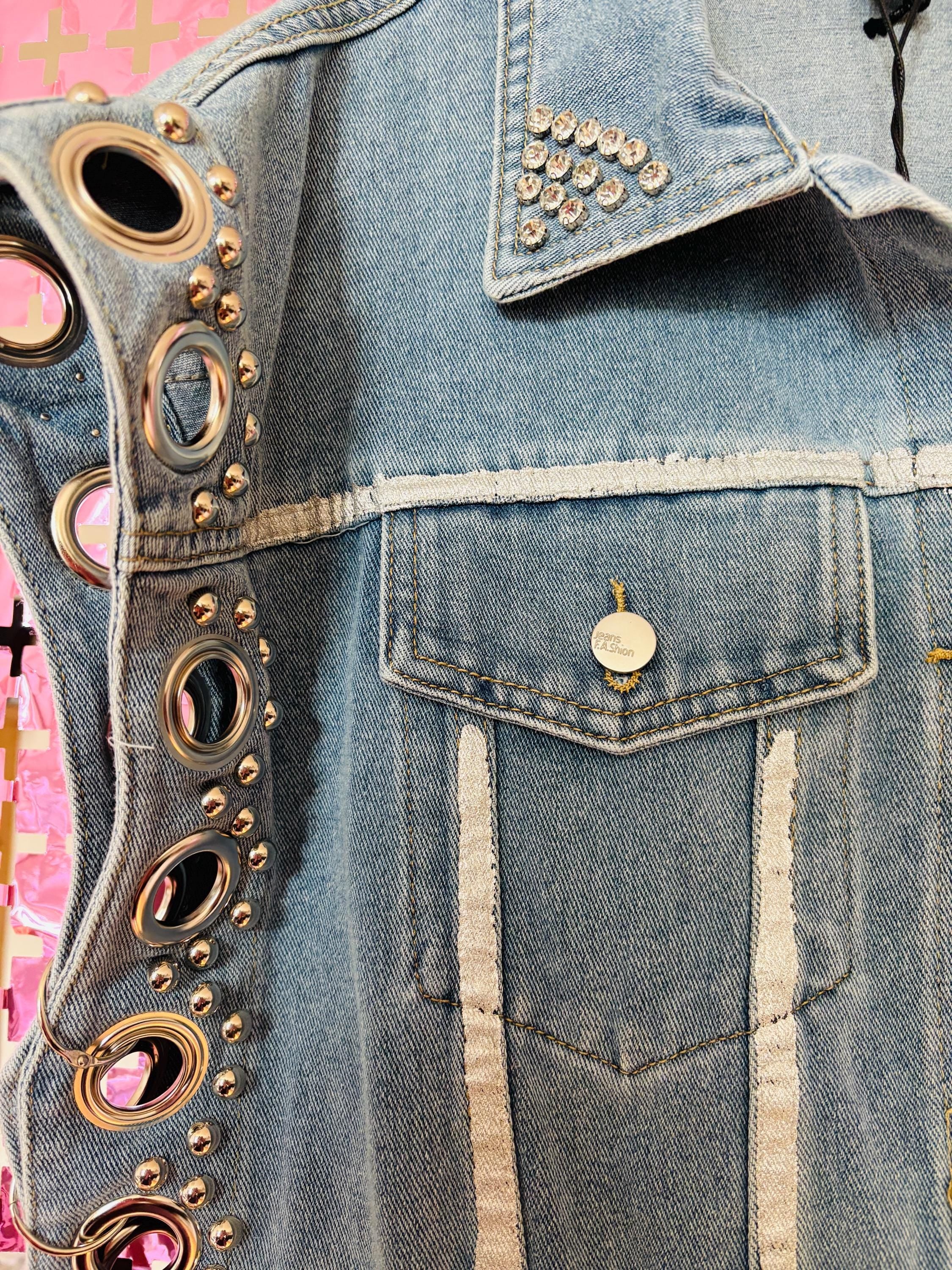 Studded Denim Gilet – Rock Chic Sleeveless Vest with Silver Grommets & Details