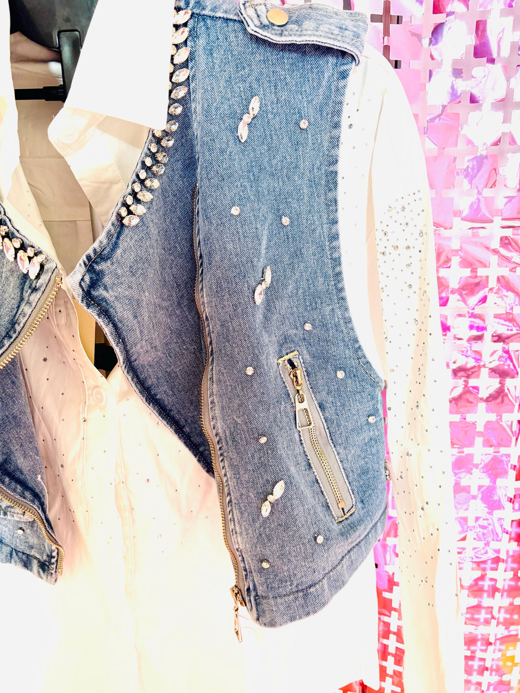 Studded Denim Gilet – Rock Chic Sleeveless Vest with Silver Grommets & Details