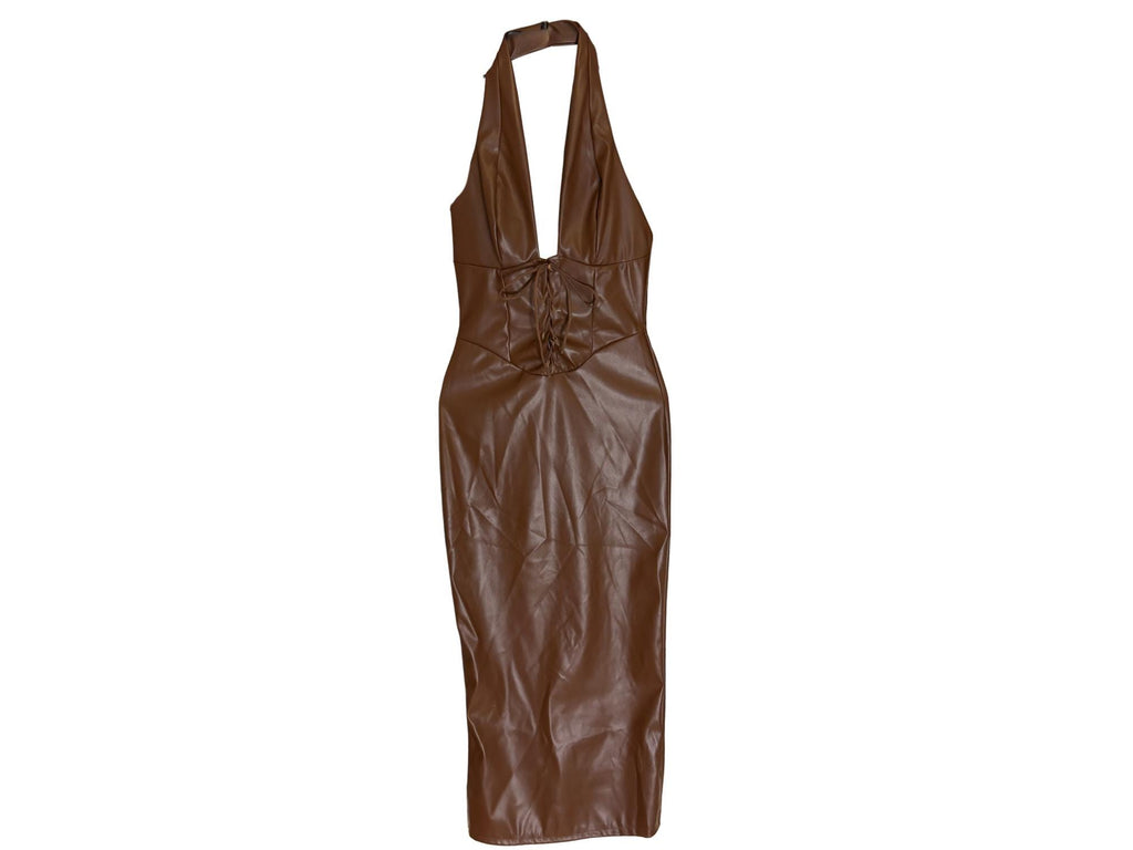 Faux Leather Bodycon Maxi Dress – Adjustable Bust & Back Slit