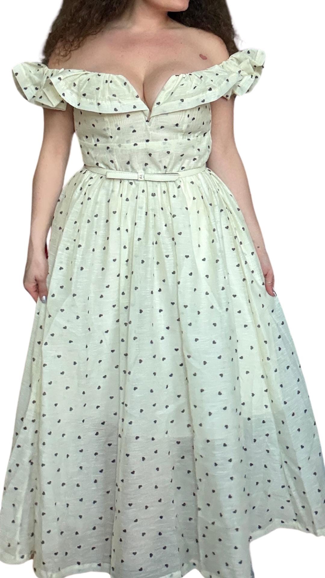 Ruffle Long Dress: Light Yellow Black Hearts, Belted - Fits EU 44