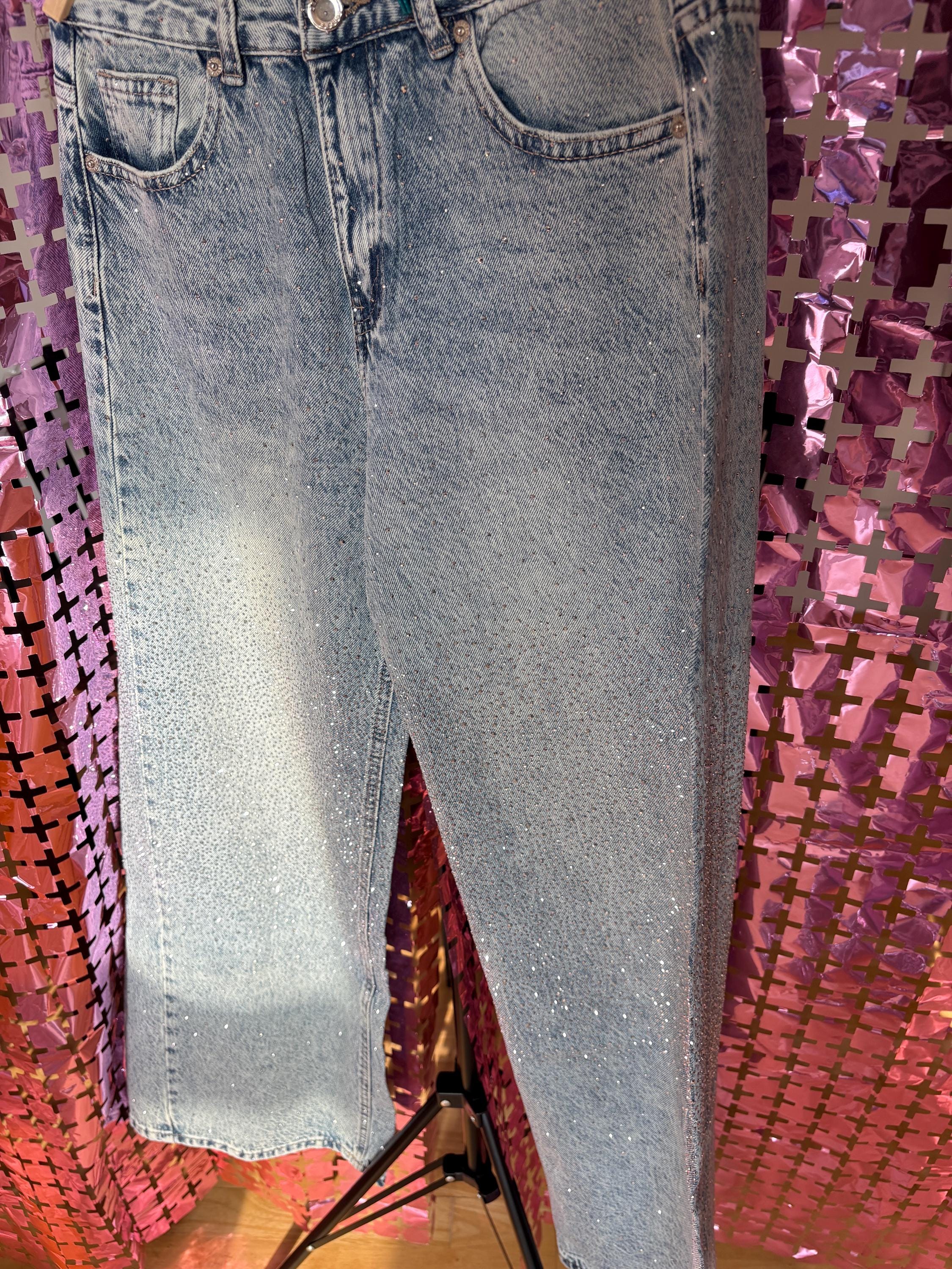 Light Blue Wide-Leg Denim with Strass – Sparkling Mid-Waist Jeans for a Statement Look