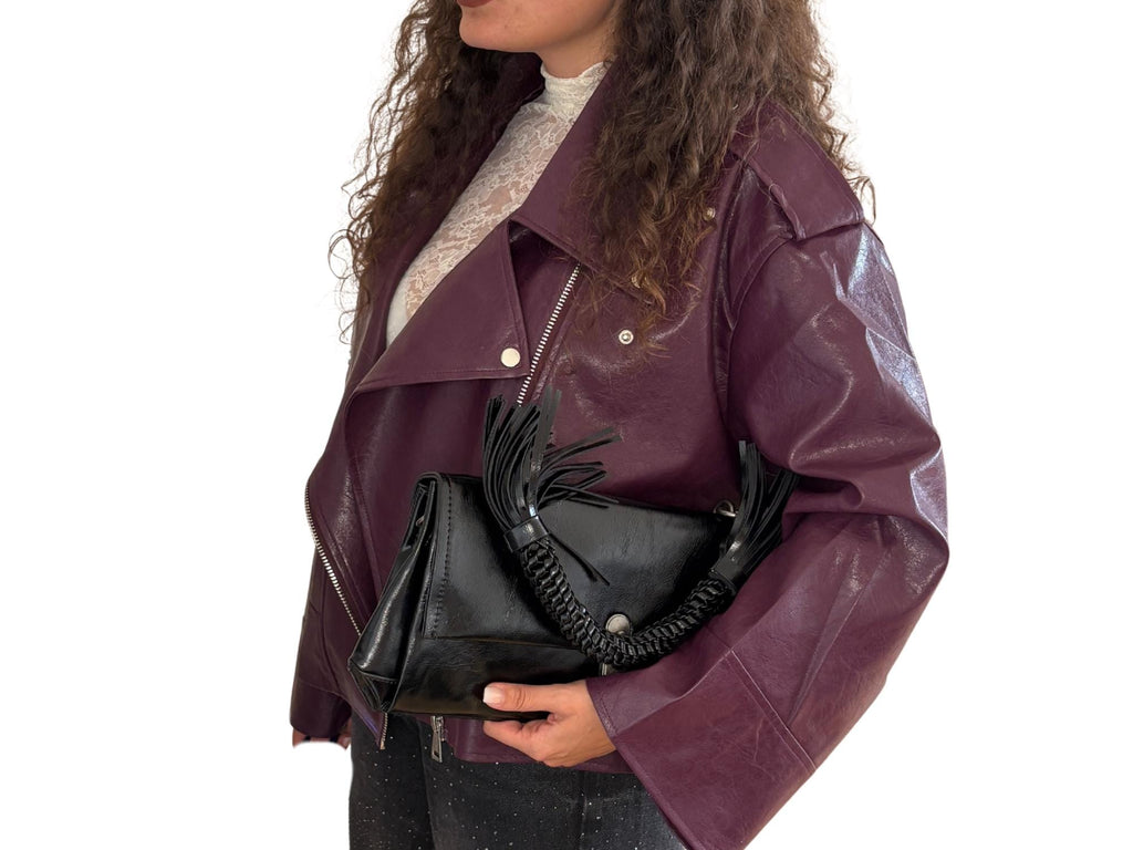 Oversized Faux Leather Biker Jacket – Violet with Silver Details