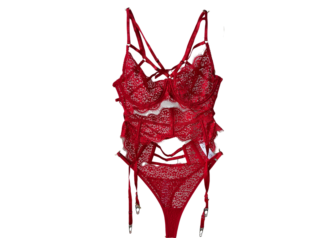 Rafaela – Embroidered Lace Three-Piece Set (Bra, Panty & Garter Belt)