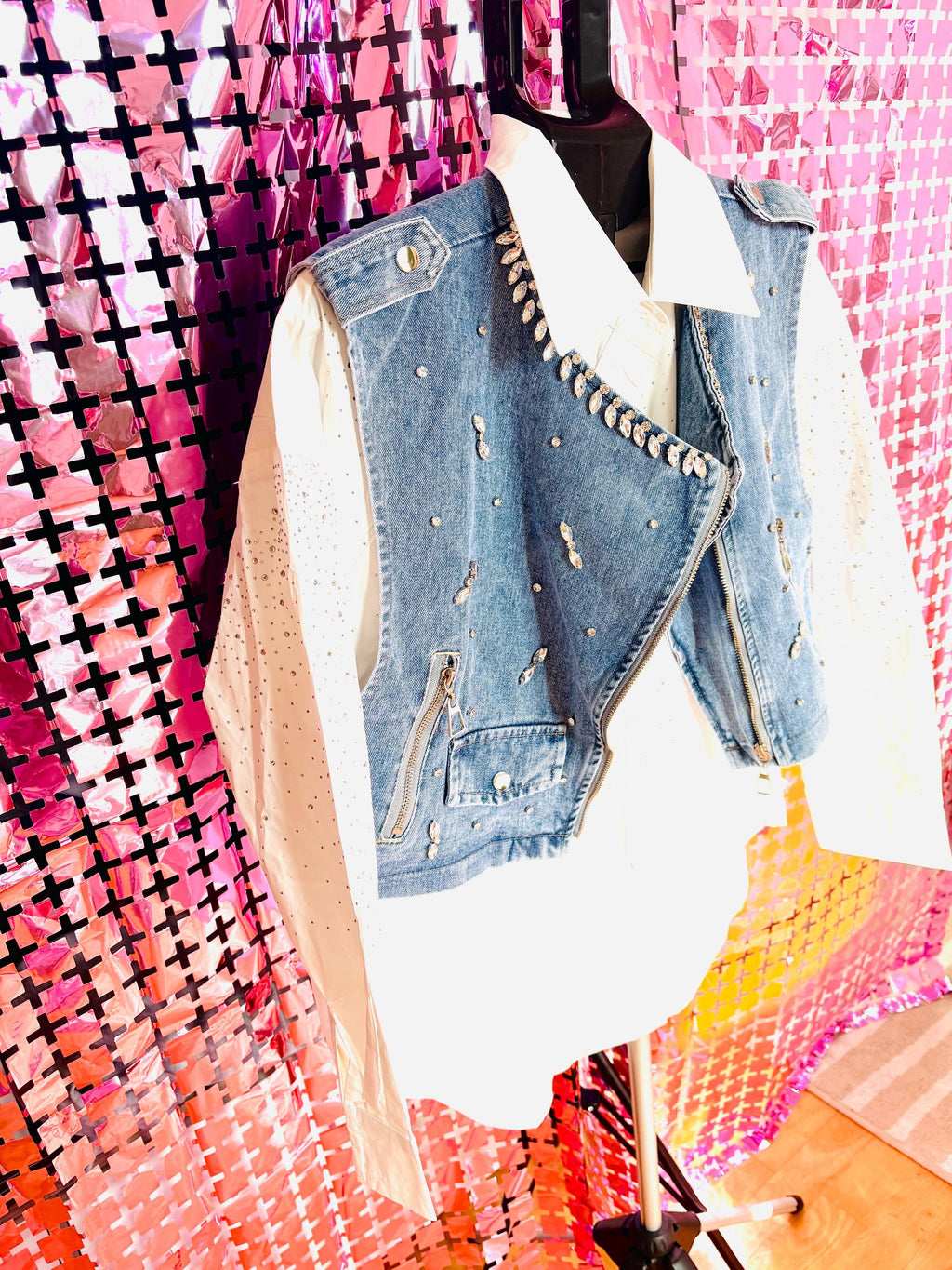 Studded Denim Gilet – Rock Chic Sleeveless Vest with Silver Grommets & Details