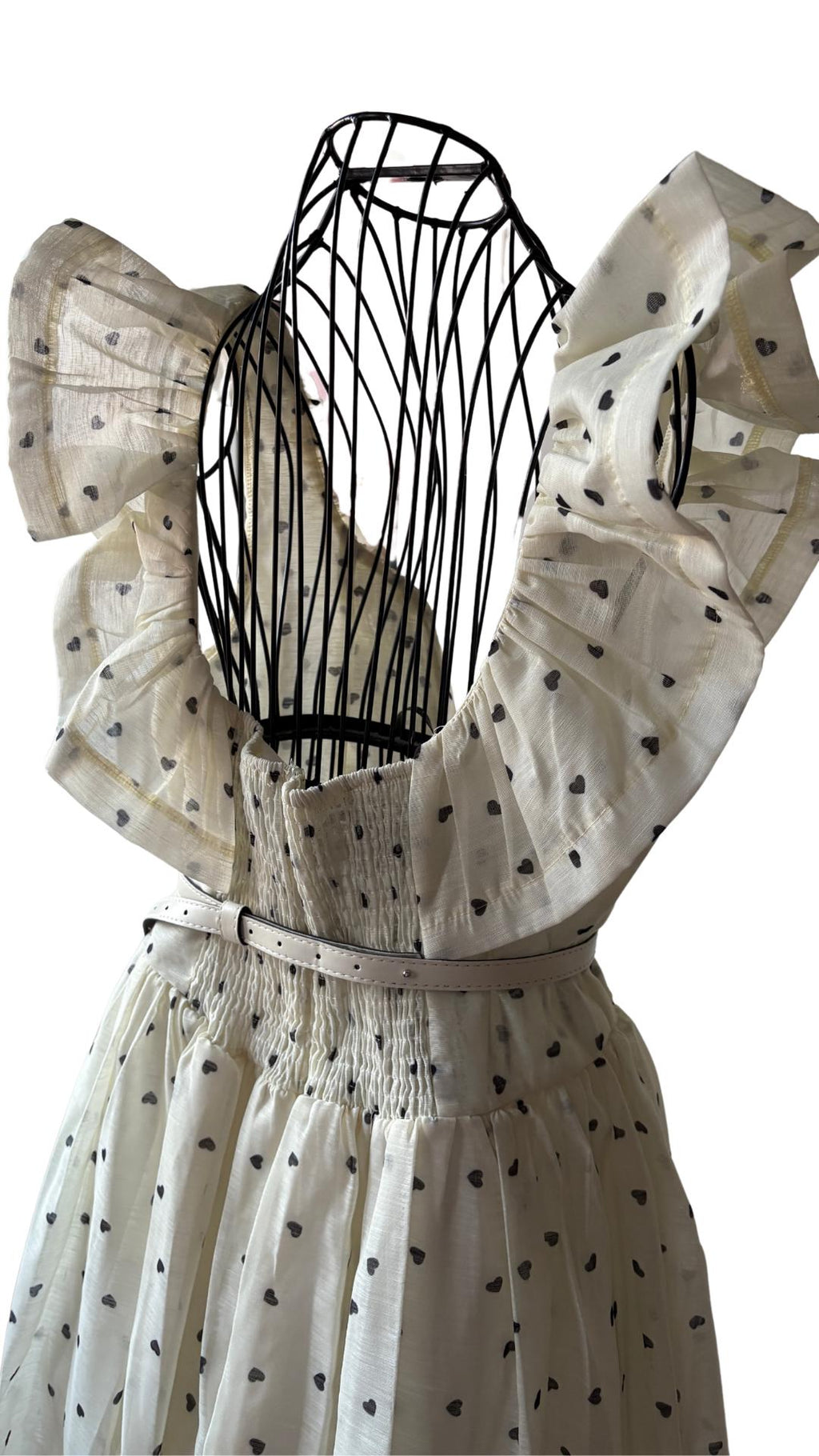 Ruffle Long Dress: Light Yellow Black Hearts, Belted - Fits EU 44