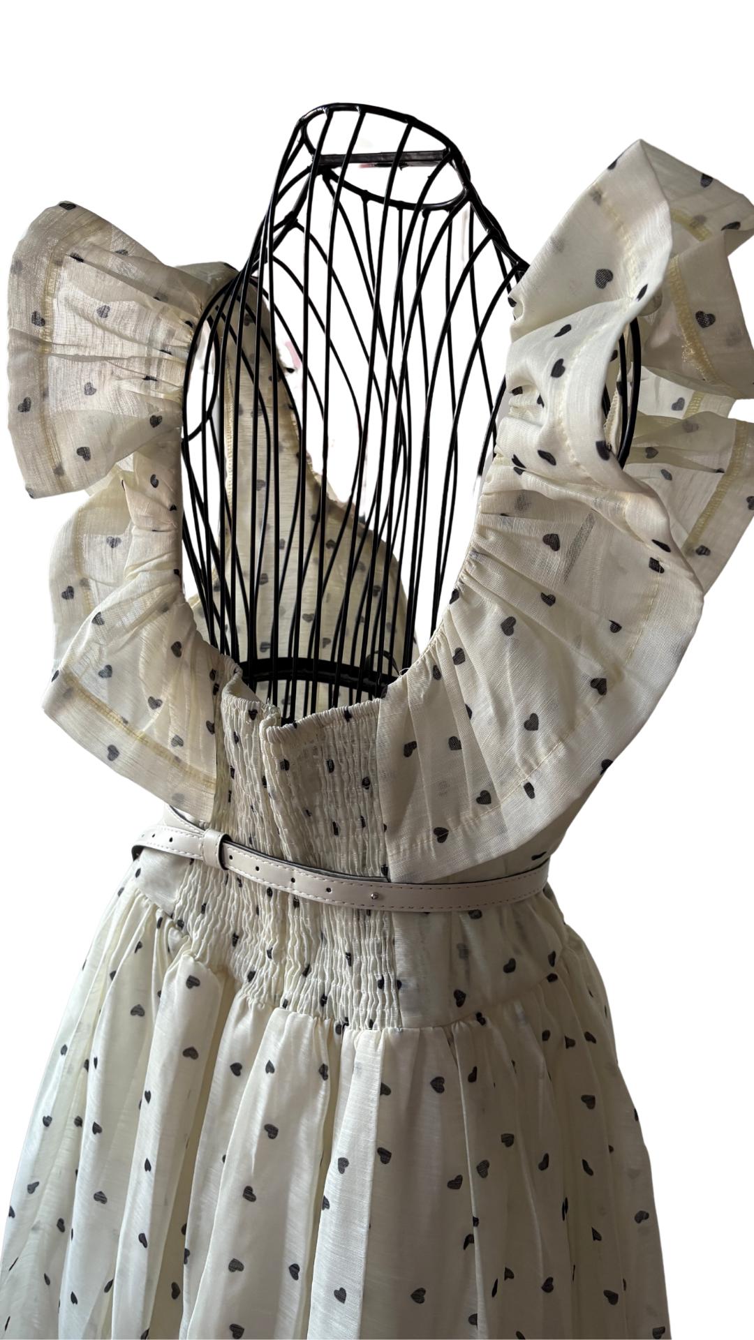 Ruffle Long Dress: Light Yellow Black Hearts, Belted - Fits EU 44