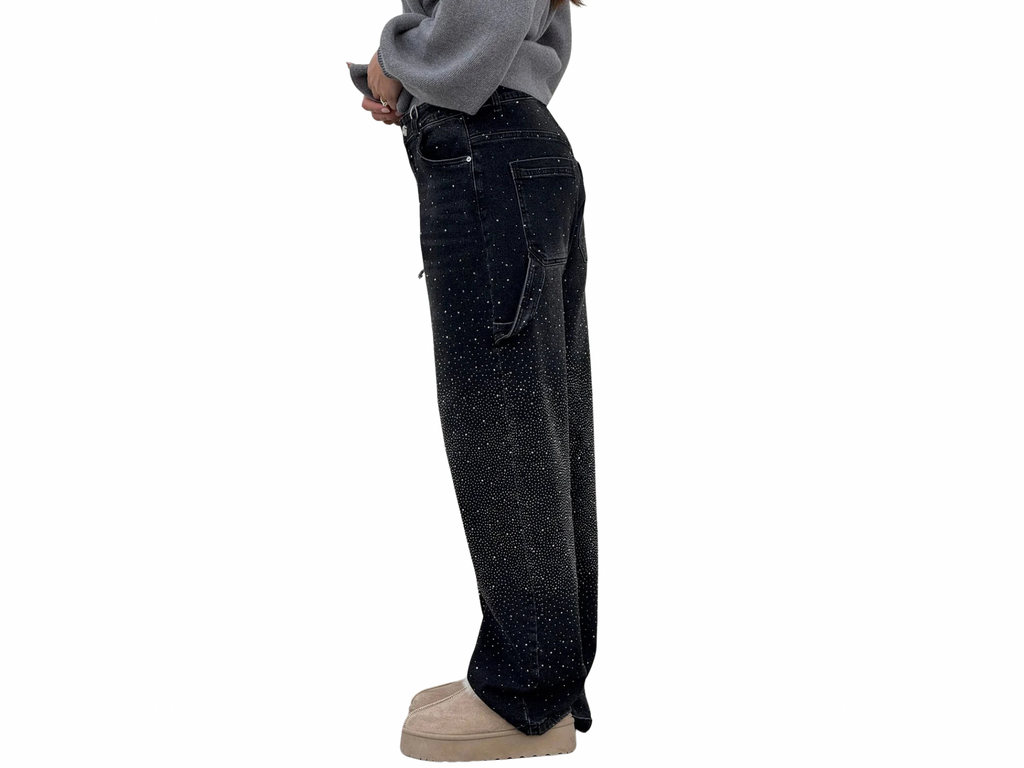 Rhinestone Loose Barrel Jeans -Sparkle Denim