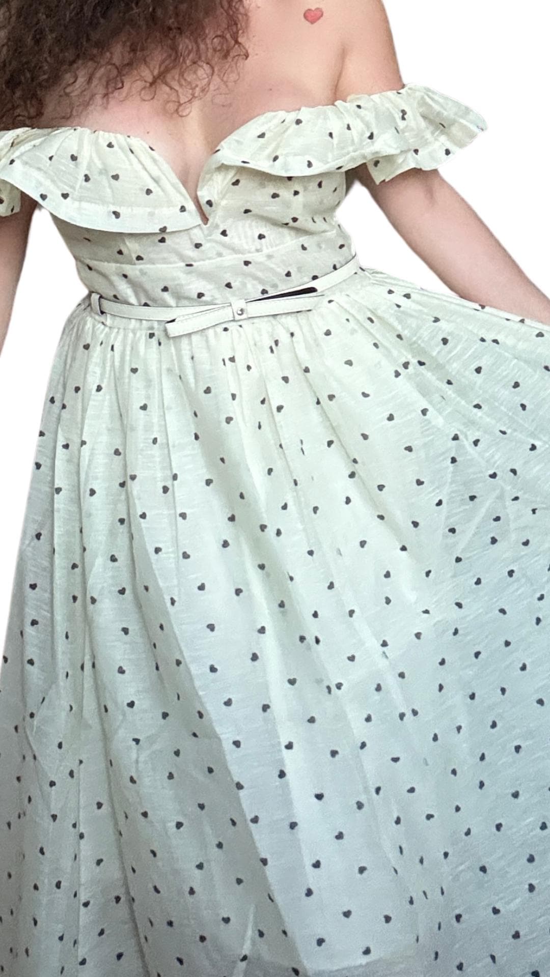 Ruffle Long Dress: Light Yellow Black Hearts, Belted - Fits EU 44