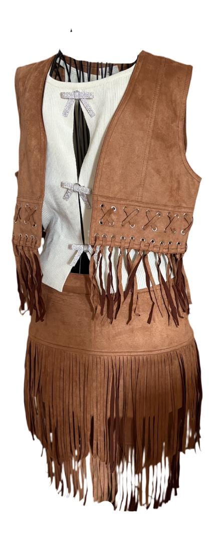 Boho Fringe Skirt and Gilet Set – Soft, Breathable & Stylish | Size M-L