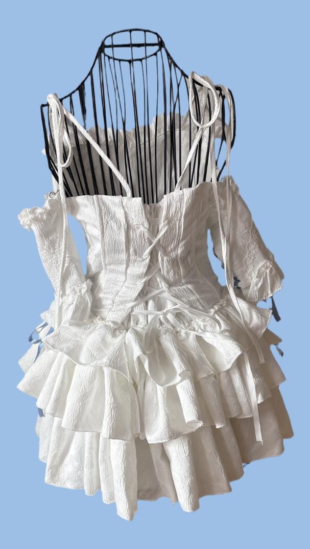 Vintage-Style Corset Dress: Ruffle Details, Blue Ribbon Lacing
