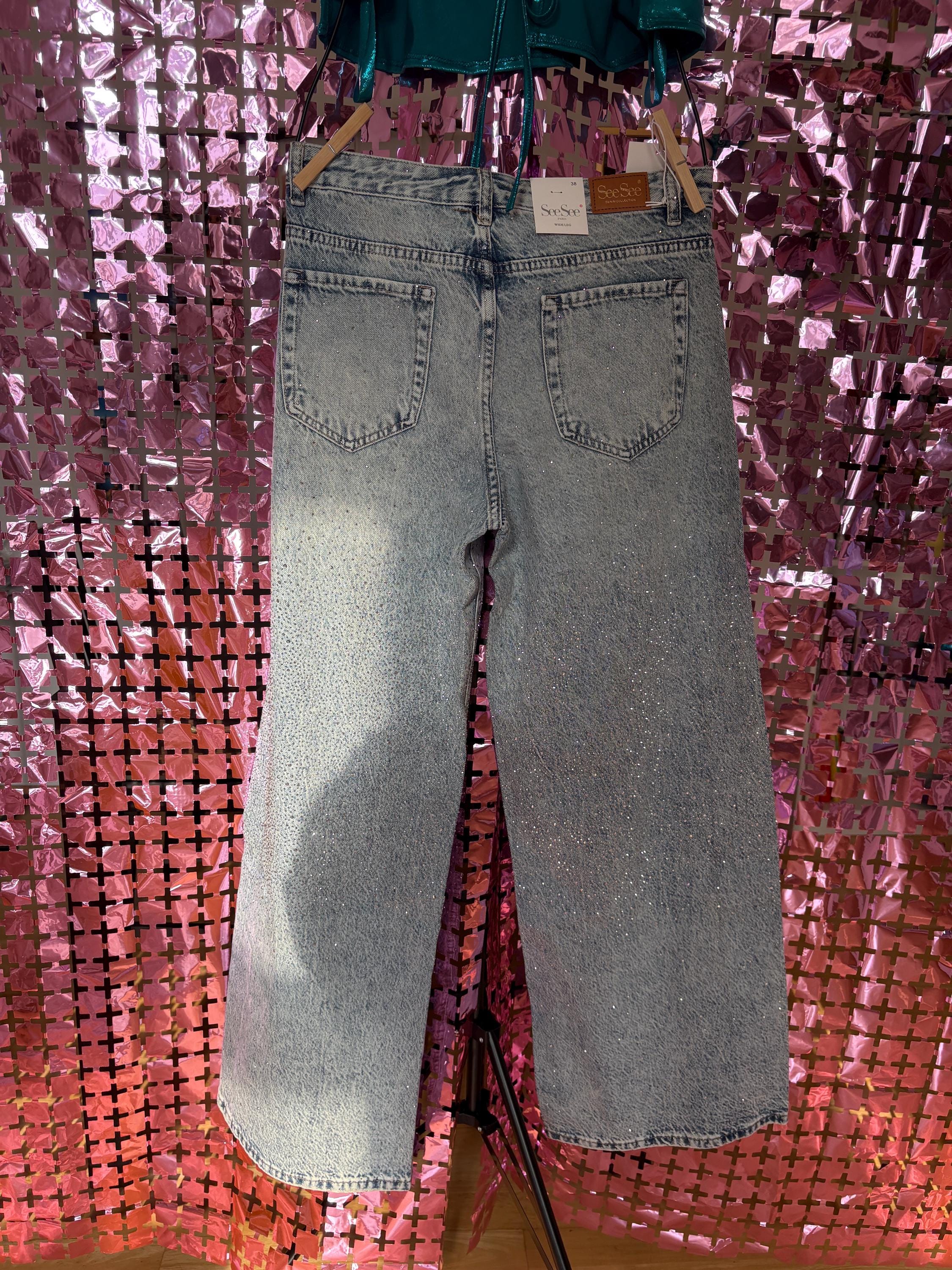 Light Blue Wide-Leg Denim with Strass – Sparkling Mid-Waist Jeans for a Statement Look