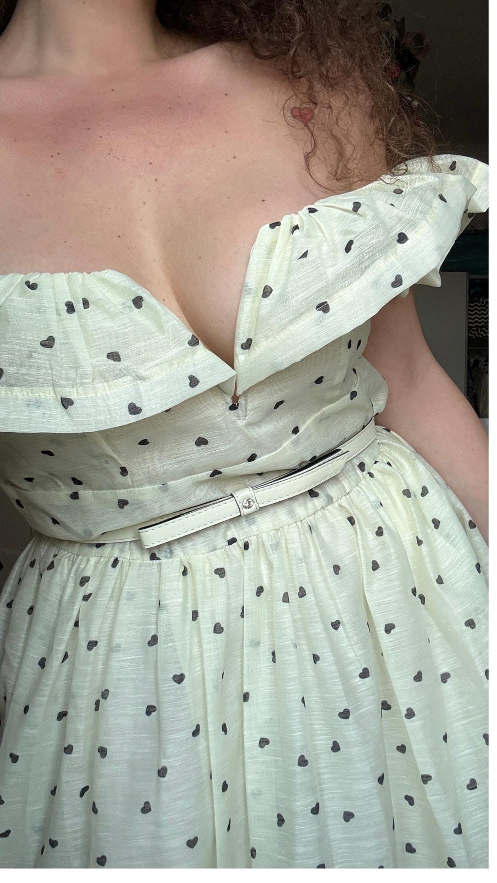 Ruffle Long Dress: Light Yellow Black Hearts, Belted - Fits EU 44