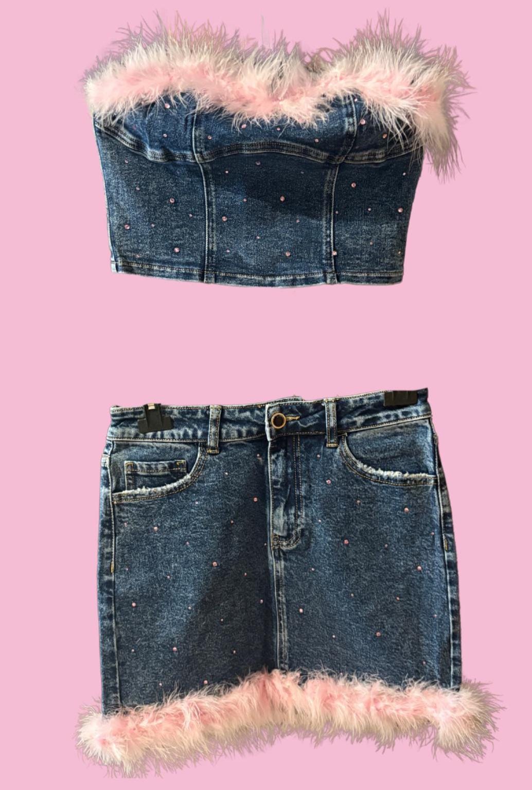 Y2K Denim Co-ord Set: Pink Faux Fur Trim, Rhinestone Crop Top & Mini Skirt