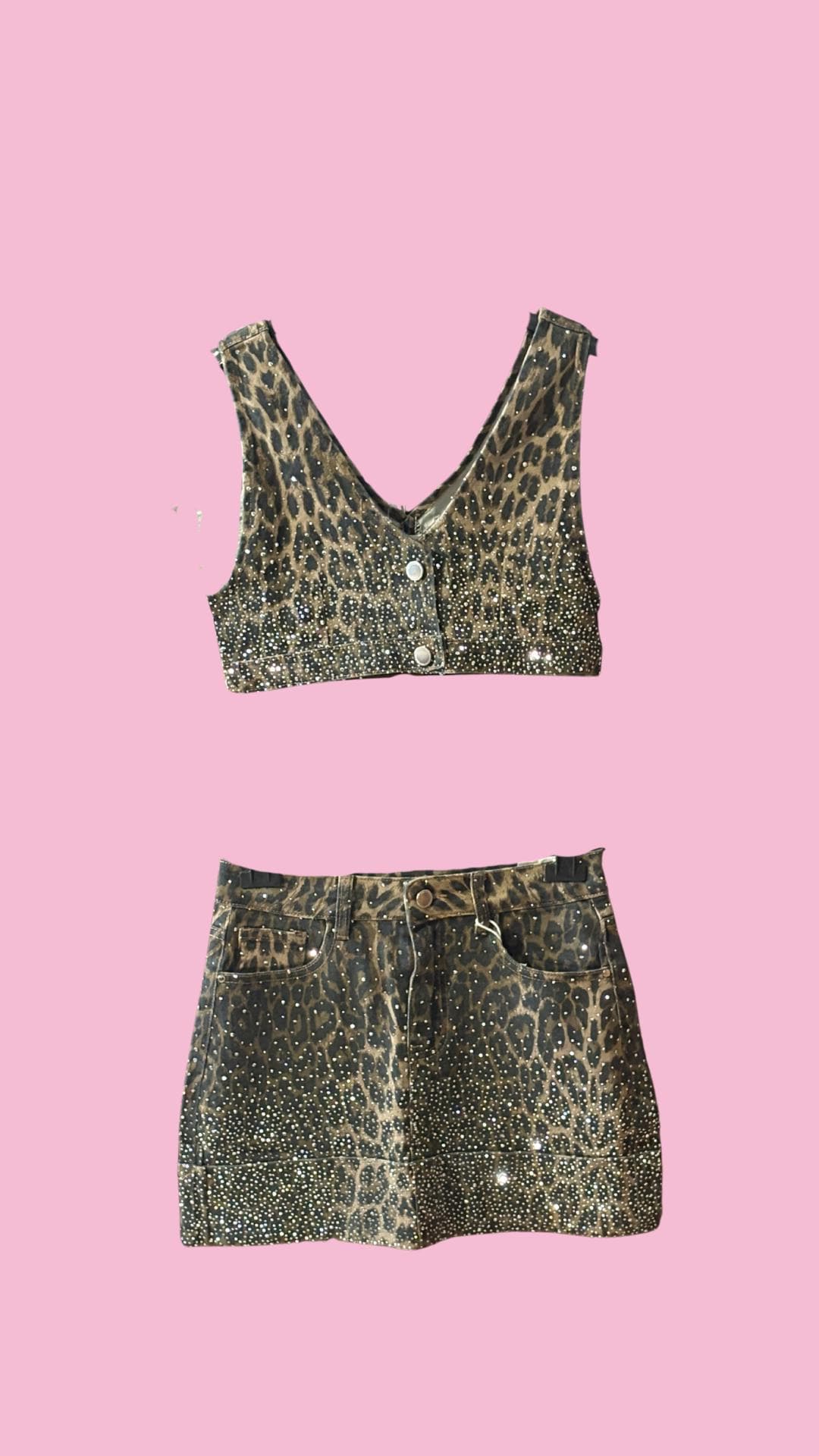Leopard Print Denim Co-ord Set: Strass Rhinestone Crop Top & Mini Skirt