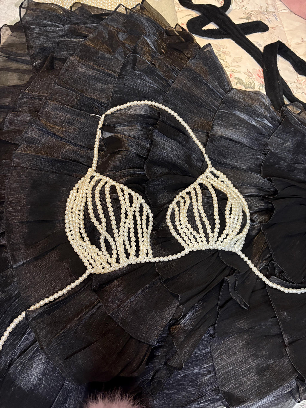 Beaded top bra with cream pearls