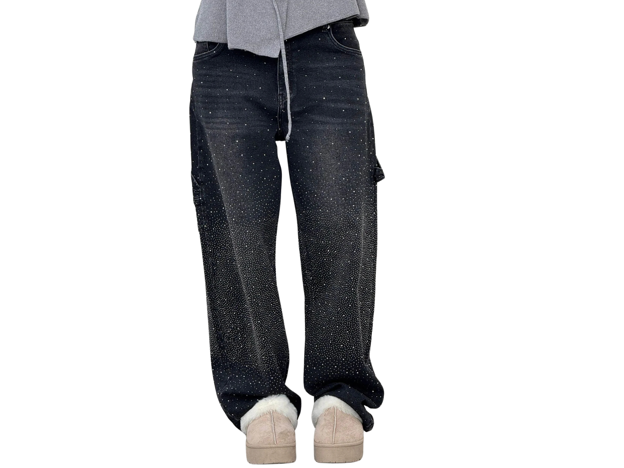 Rhinestone Loose Barrel Jeans -Sparkle Denim